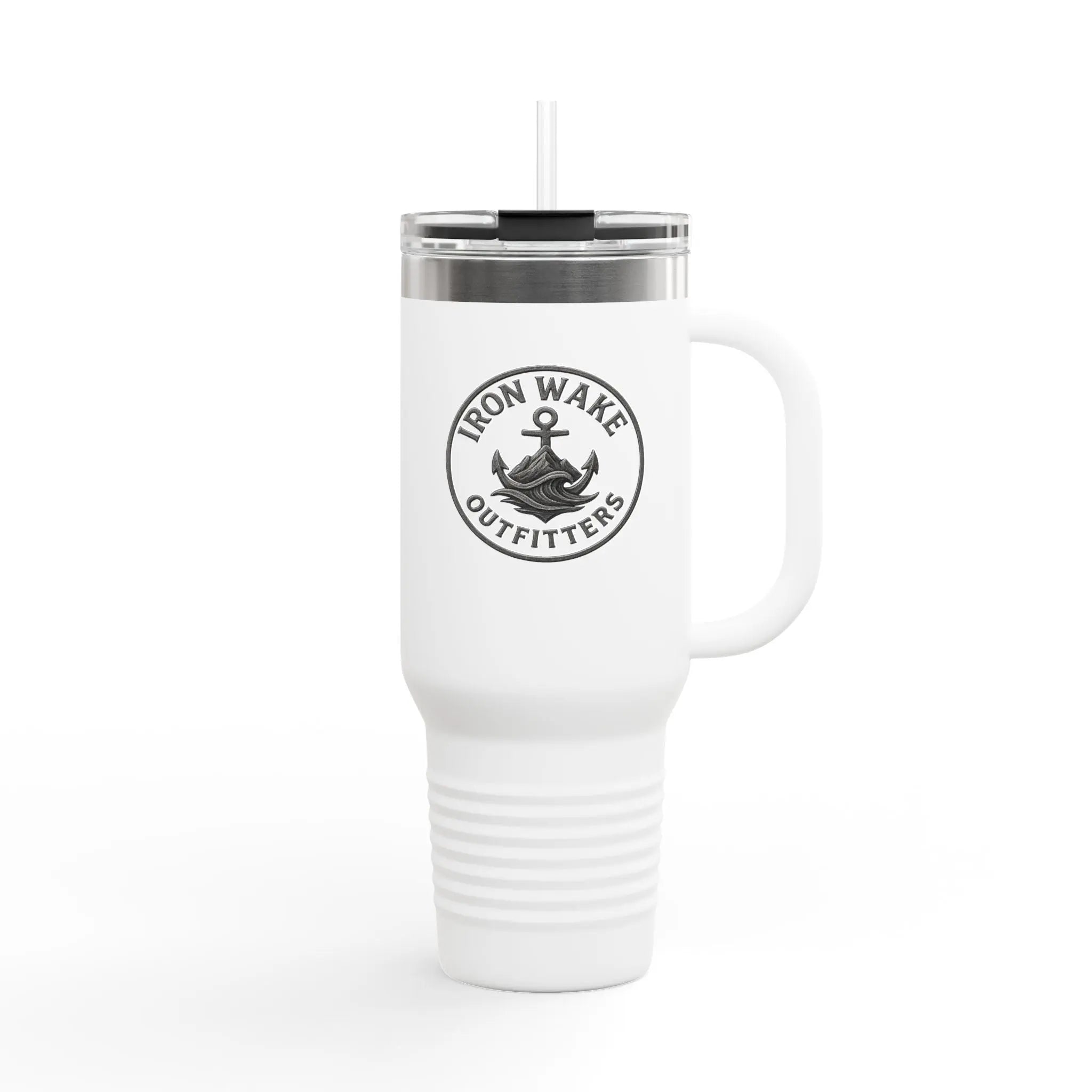 40oz Insulated Travel Mug — Iron Wake Outfitters Anchor Logo, Stainless Steel Tumbler with Straw & Handle Printify