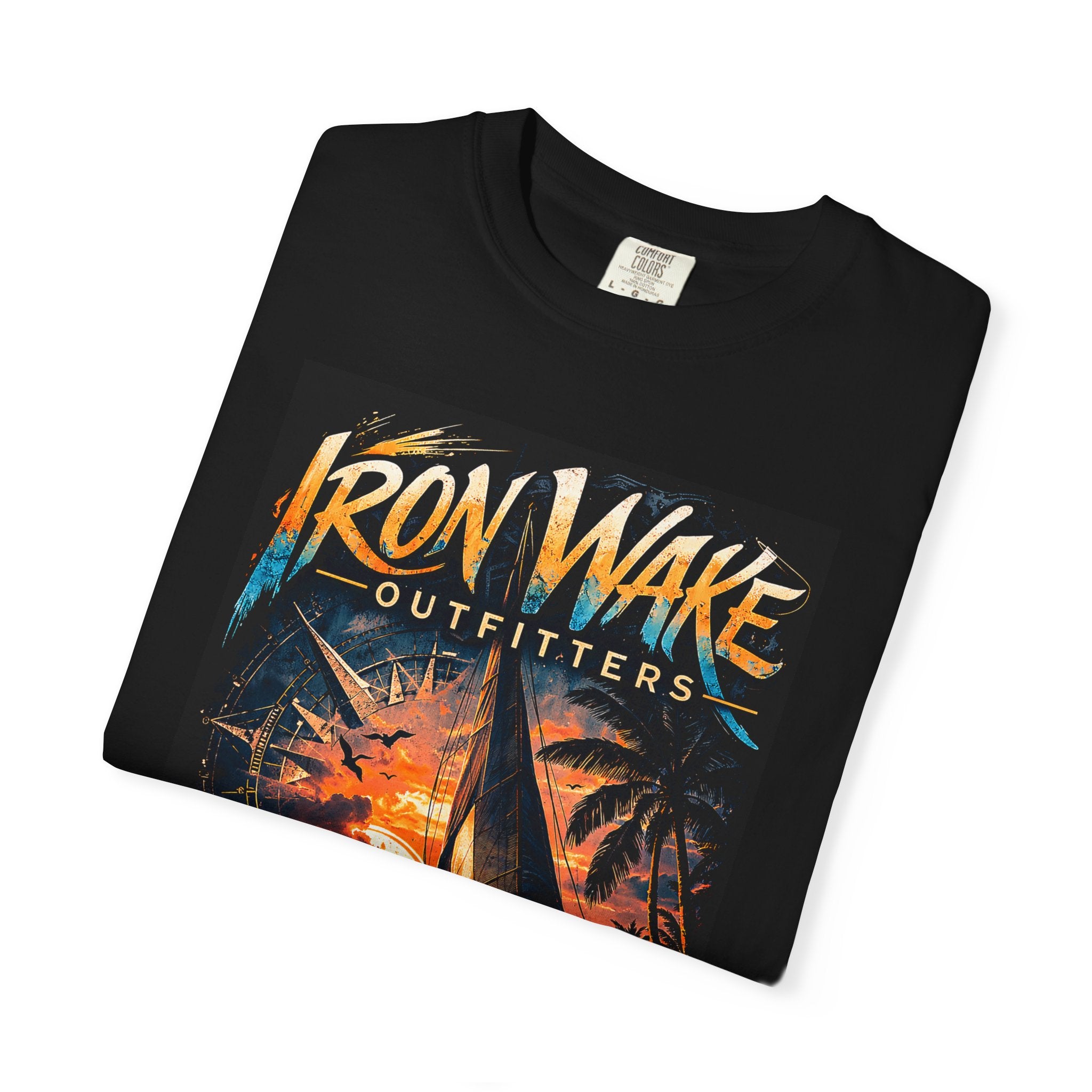 Ocean Born Graphic T-Shirt — "Iron Wake Outfitters" Sunset Sail Tee