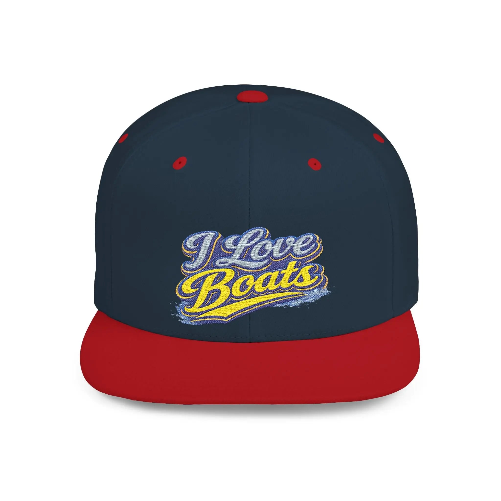 I Love Boats Flat Bill Snapback Hat - Embroidered Nautical Cap for Boaters & Lake Lovers Printify