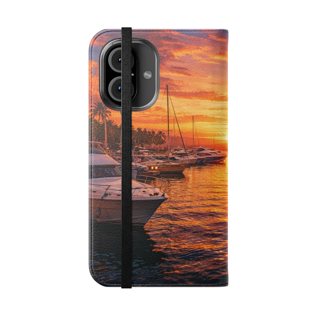 Sunset Marina Flip Phone Case — Tropical Harbor Phone Wallet Printify