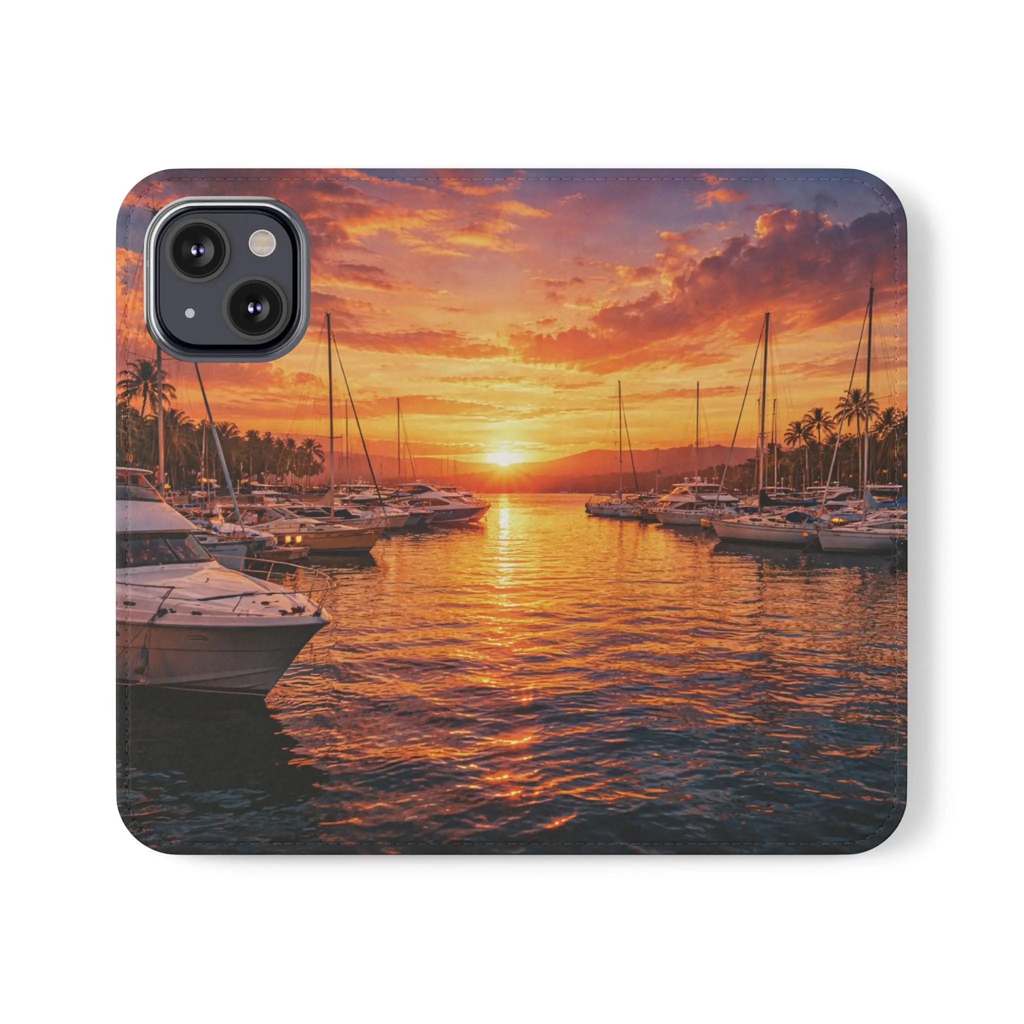 Sunset Marina Flip Phone Case — Tropical Harbor Phone Wallet Printify