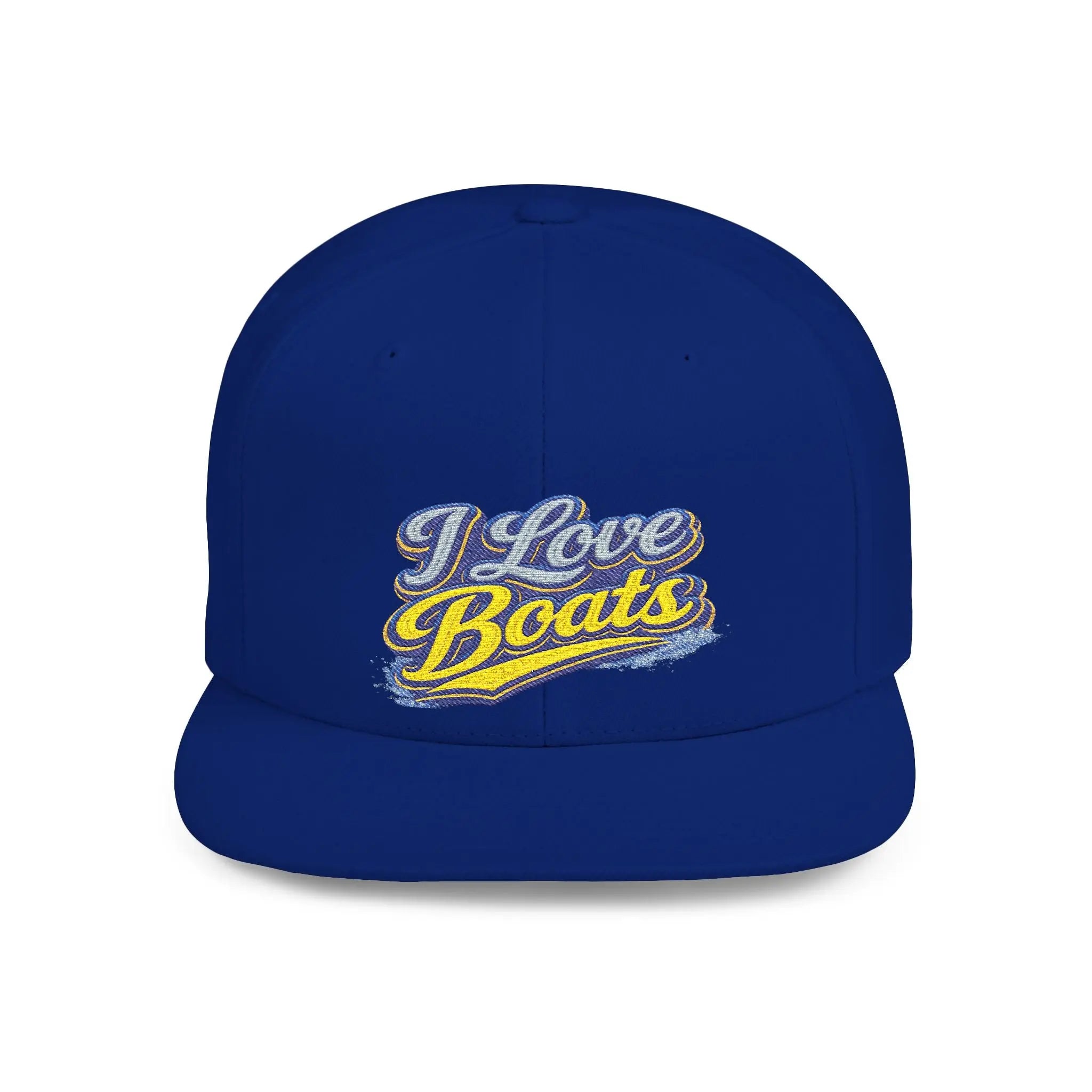 I Love Boats Flat Bill Snapback Hat - Embroidered Nautical Cap for Boaters & Lake Lovers Printify