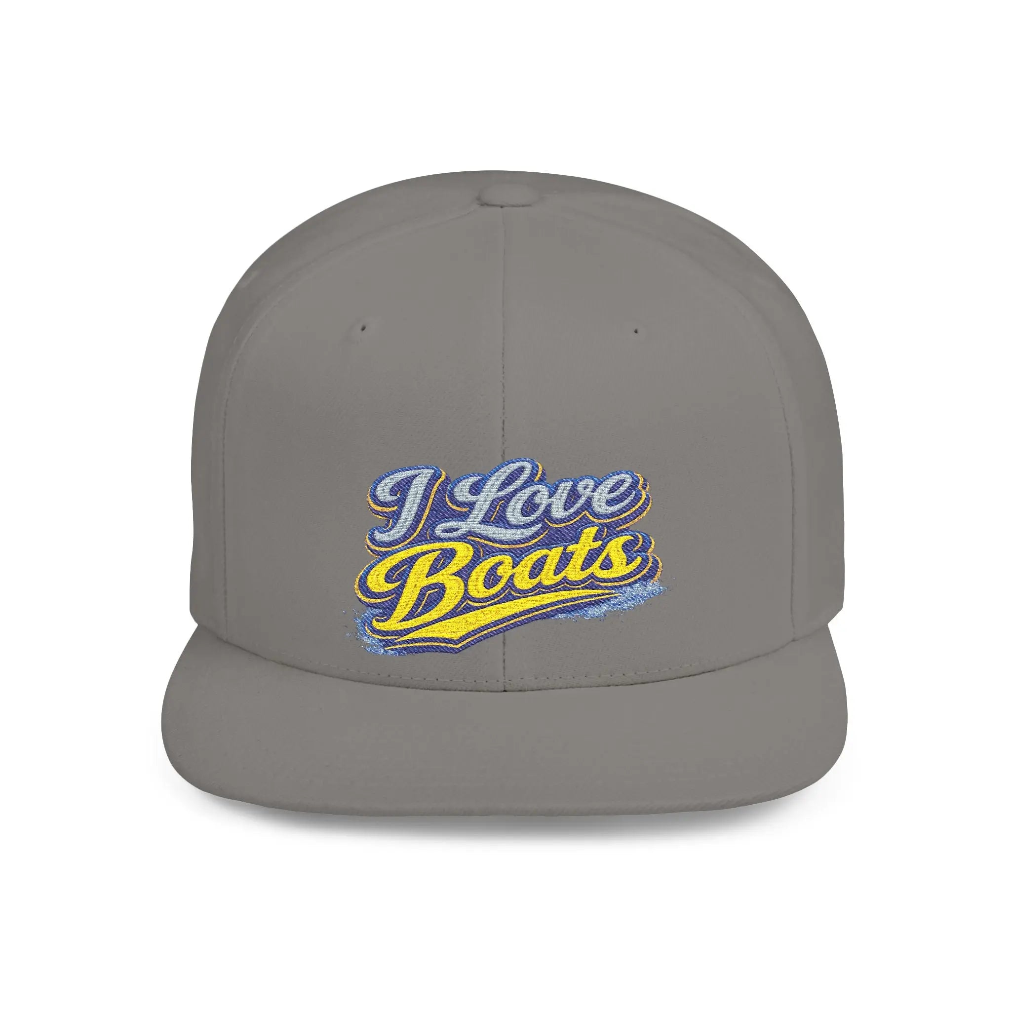 I Love Boats Flat Bill Snapback Hat - Embroidered Nautical Cap for Boaters & Lake Lovers Printify