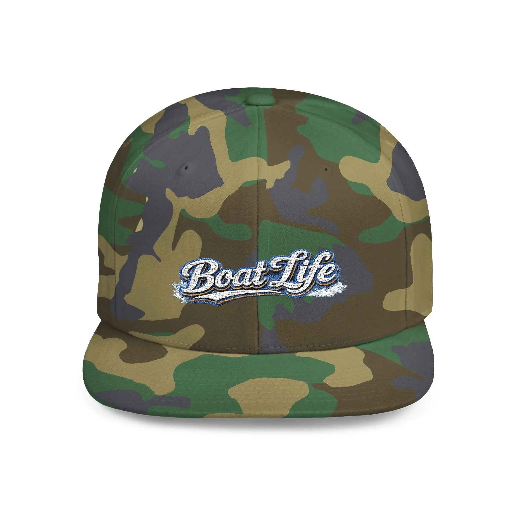 Boat Life Flat Bill Snapback Hat — Embroidered Nautical Baseball Cap for Boaters Printify