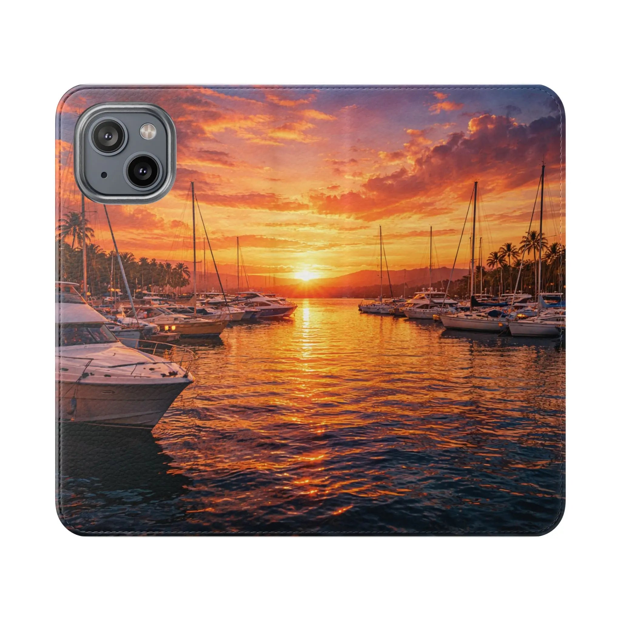 Sunset Marina Flip Phone Case — Tropical Harbor Phone Wallet Printify