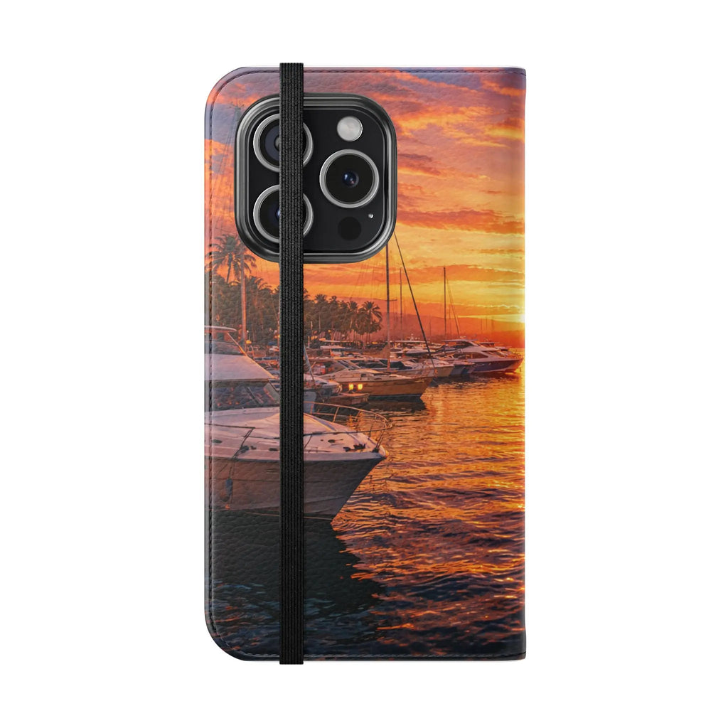 Sunset Marina Flip Phone Case — Tropical Harbor Phone Wallet Printify
