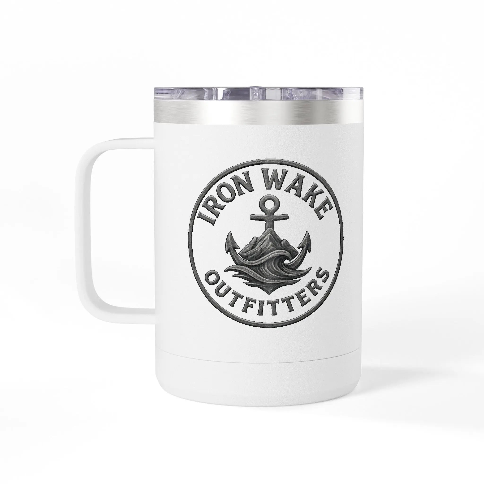 15oz Travel Mug Tumbler — "Iron Wake Outfitters" Anchor Coffee Tumbler Printify