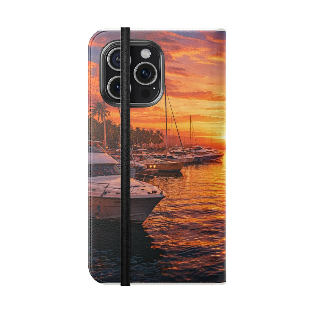 Sunset Marina Flip Phone Case — Tropical Harbor Phone Wallet Printify