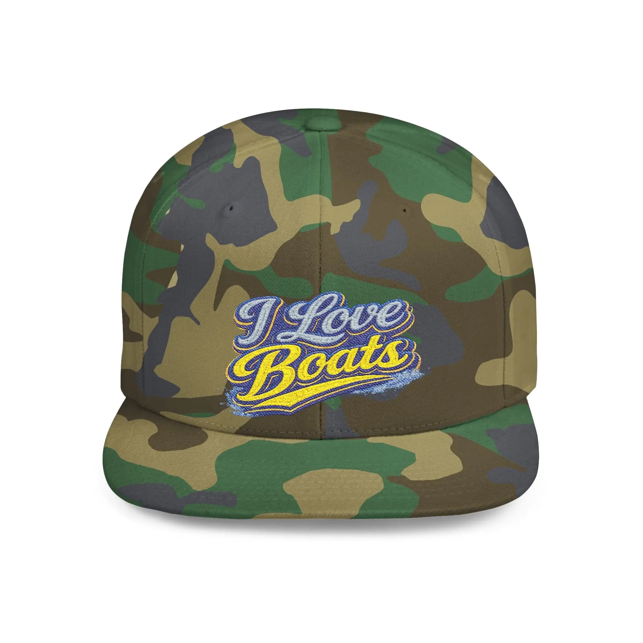 I Love Boats Flat Bill Snapback Hat - Embroidered Nautical Cap for Boaters & Lake Lovers Printify