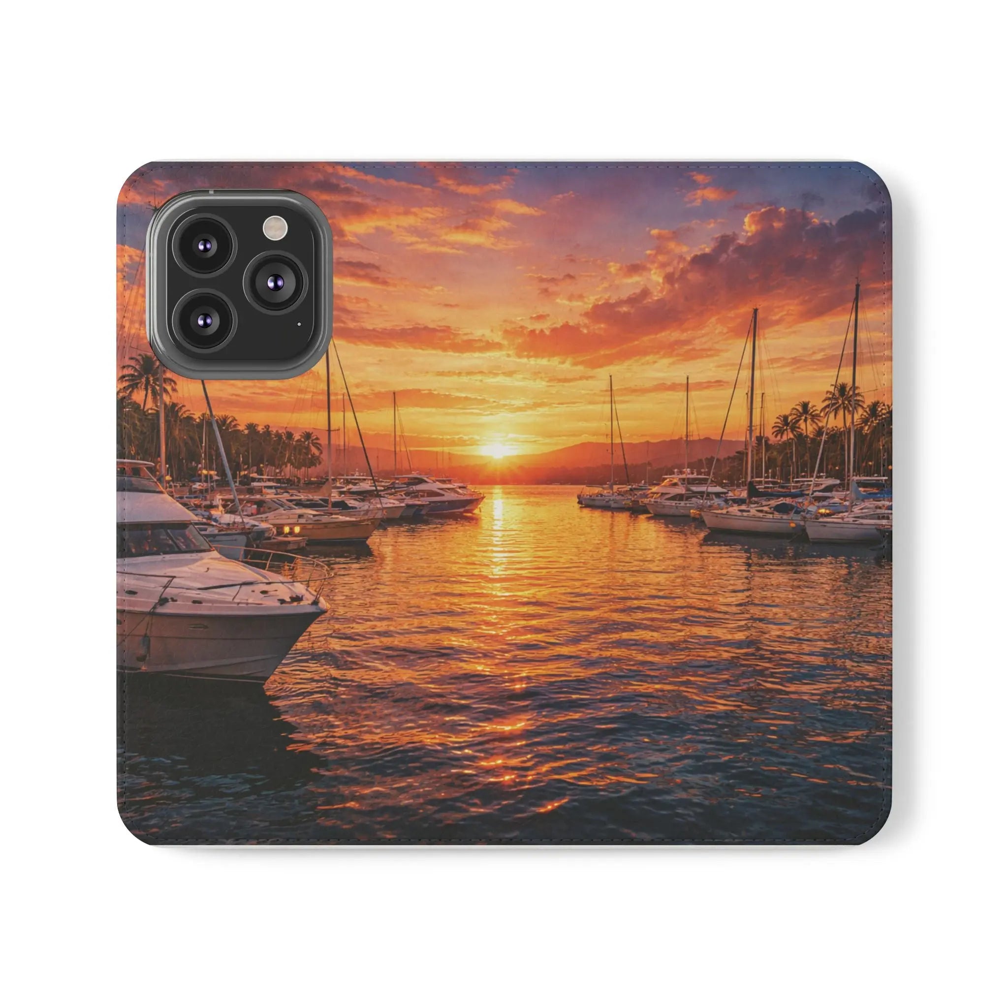 Sunset Marina Flip Phone Case — Tropical Harbor Phone Wallet Printify