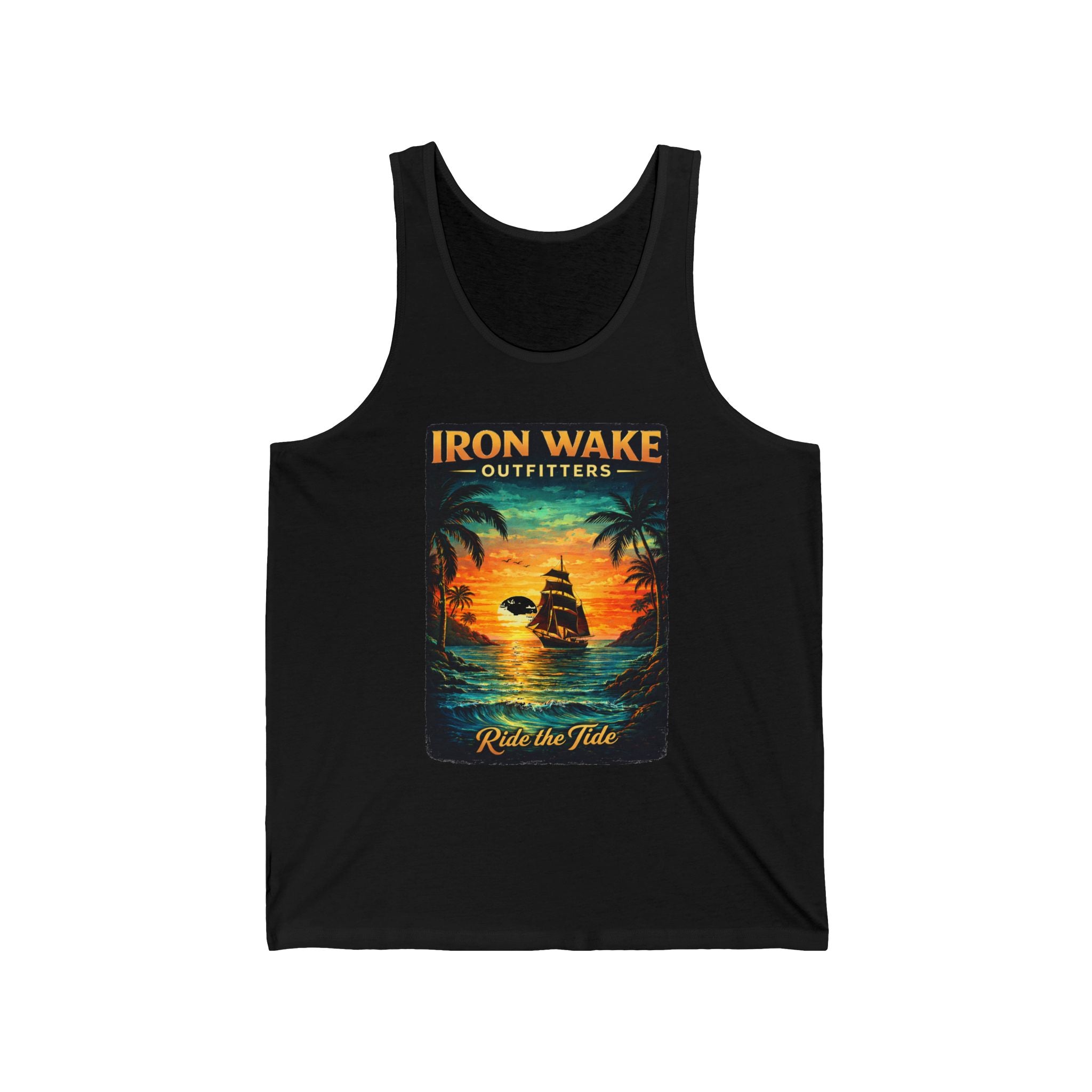 Iron Wake Outfitters Tank Top – 'Ride the Tide' Tropical Sailboat Graphic