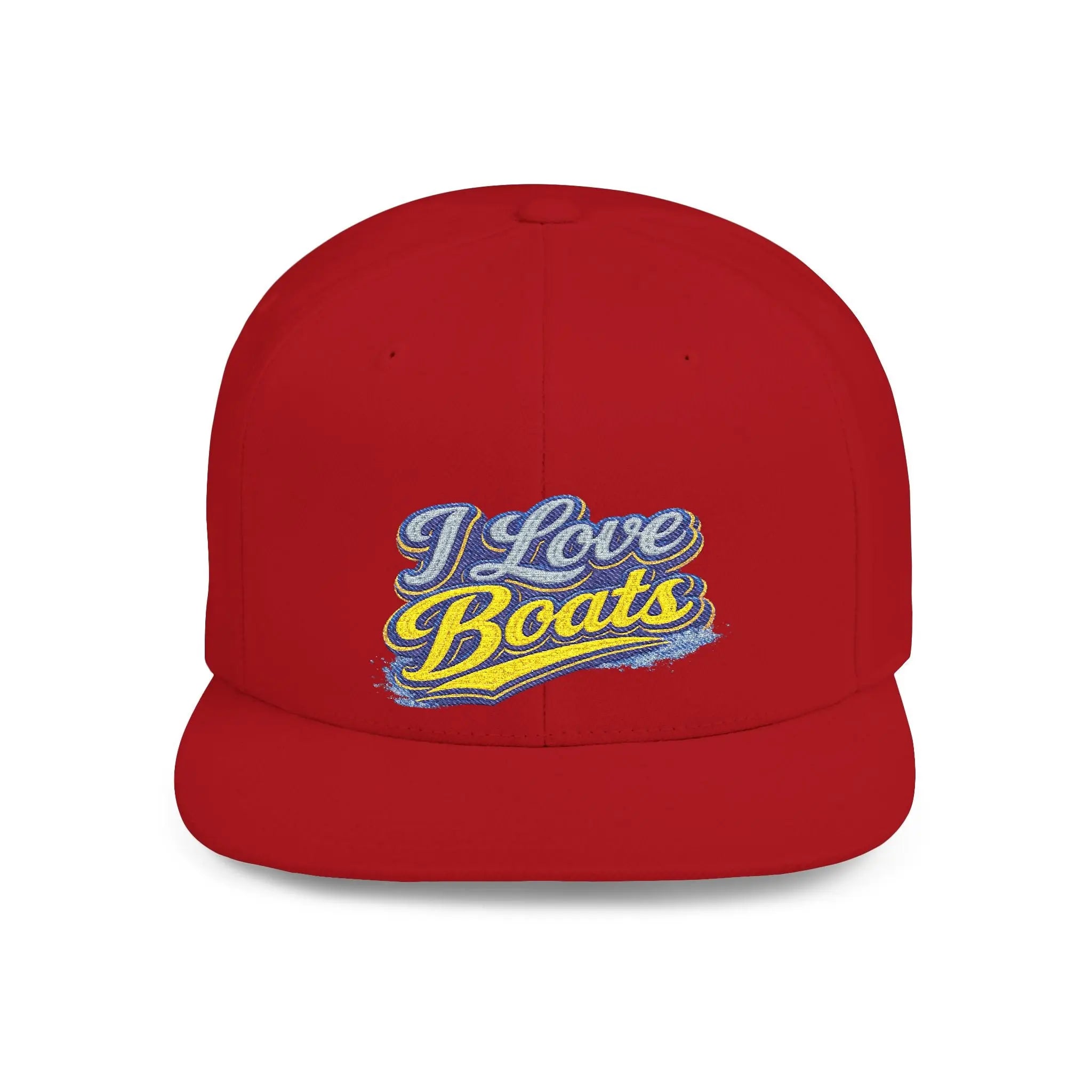I Love Boats Flat Bill Snapback Hat - Embroidered Nautical Cap for Boaters & Lake Lovers Printify