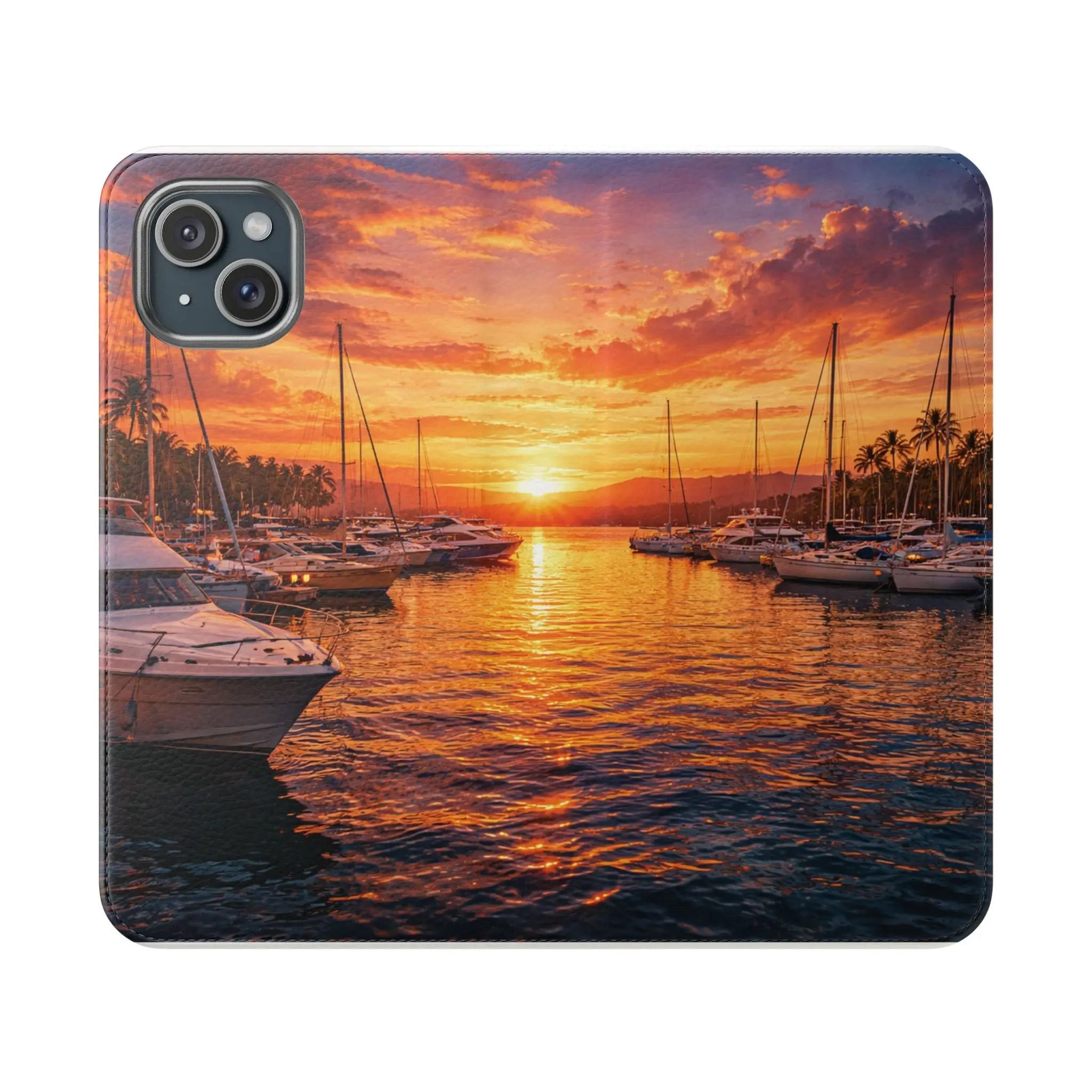 Sunset Marina Flip Phone Case — Tropical Harbor Phone Wallet Printify