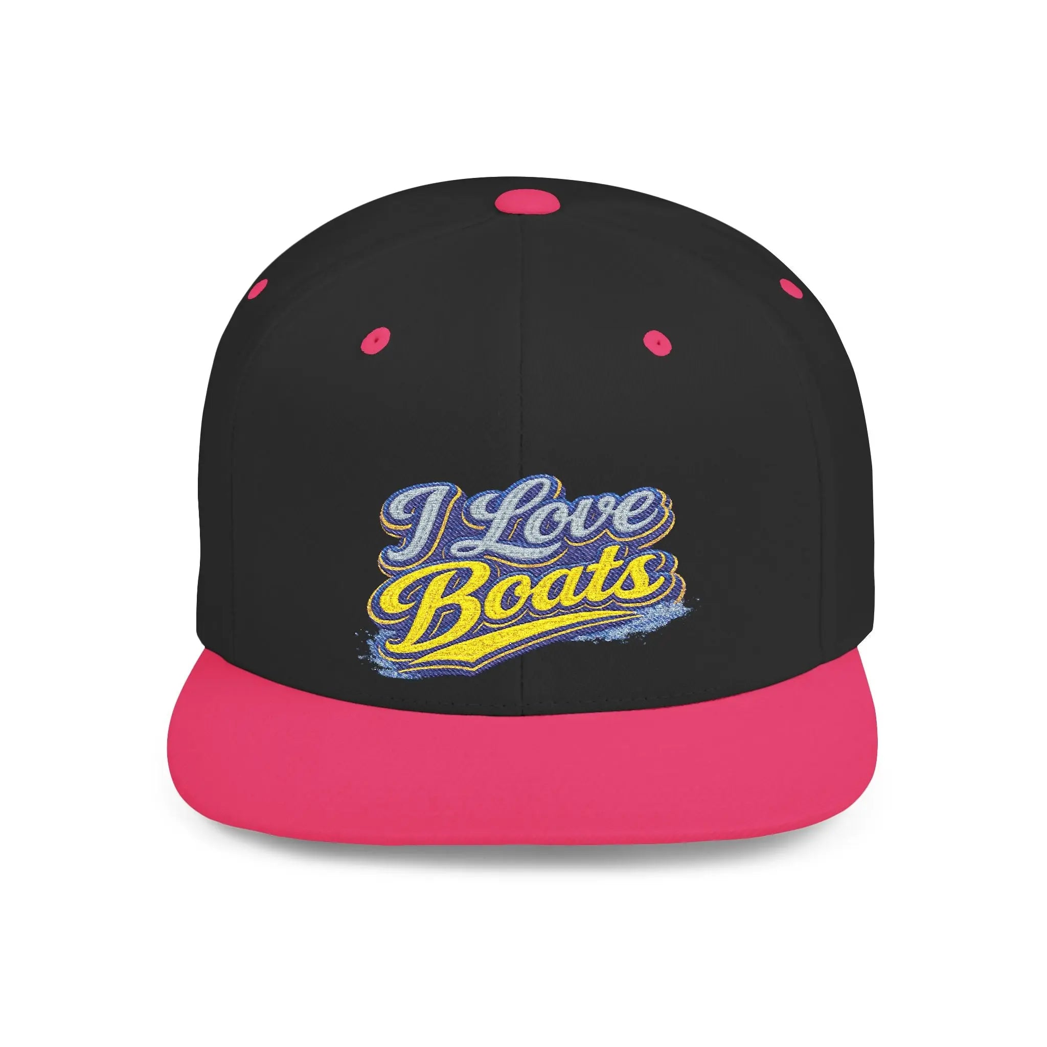 I Love Boats Flat Bill Snapback Hat - Embroidered Nautical Cap for Boaters & Lake Lovers Printify