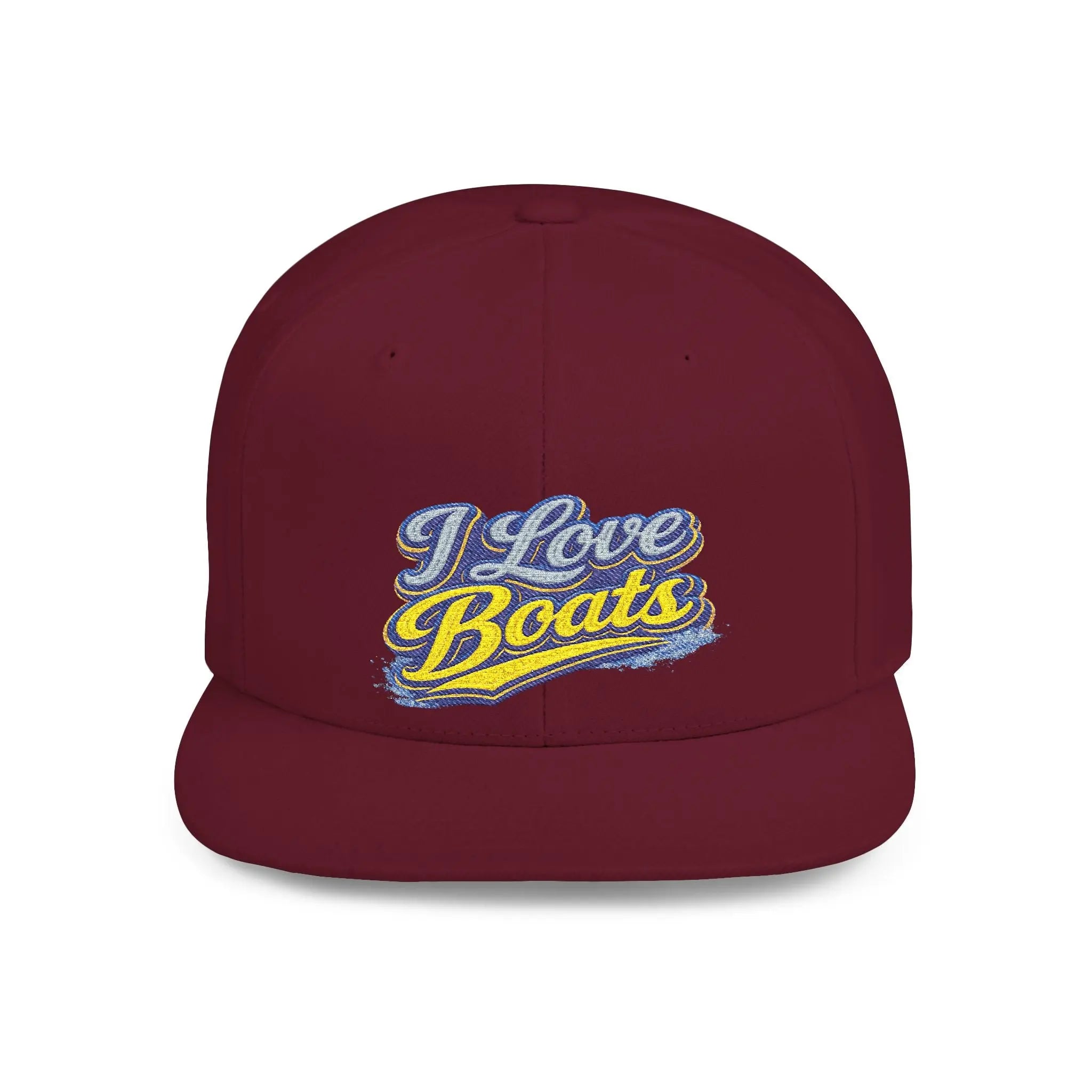 I Love Boats Flat Bill Snapback Hat - Embroidered Nautical Cap for Boaters & Lake Lovers Printify
