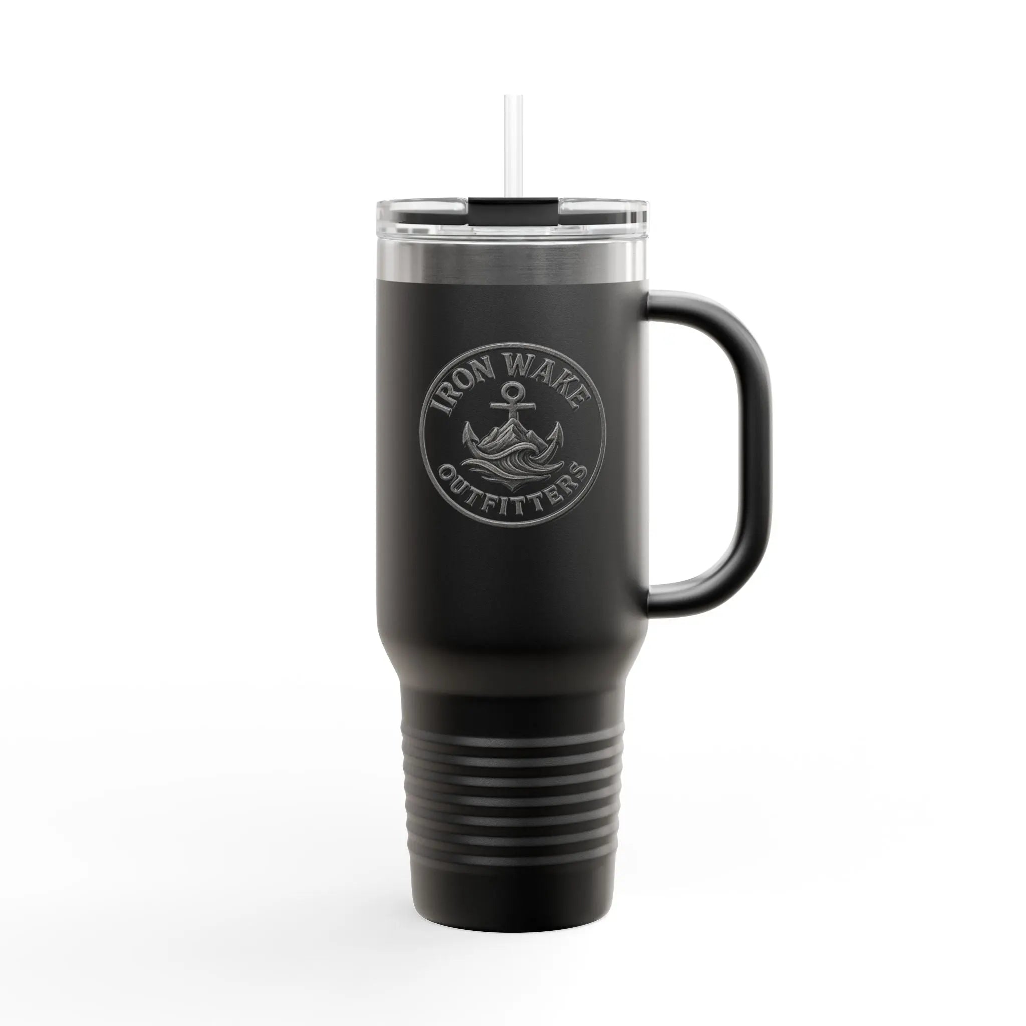 40oz Insulated Travel Mug — Iron Wake Outfitters Anchor Logo, Stainless Steel Tumbler with Straw & Handle Printify