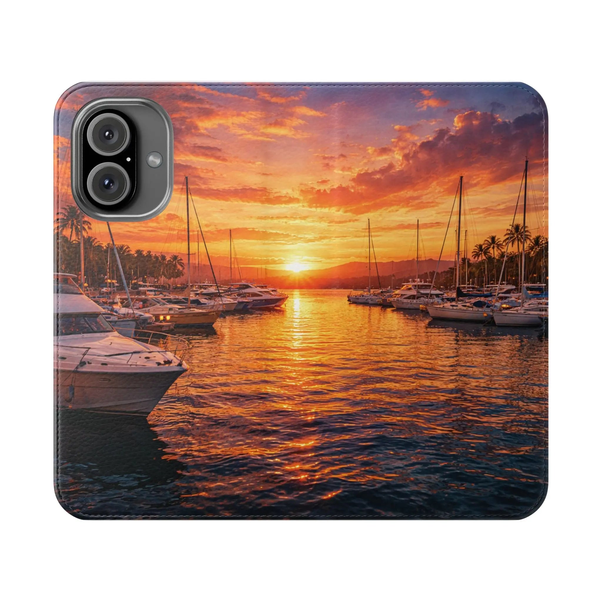Sunset Marina Flip Phone Case — Tropical Harbor Phone Wallet Printify