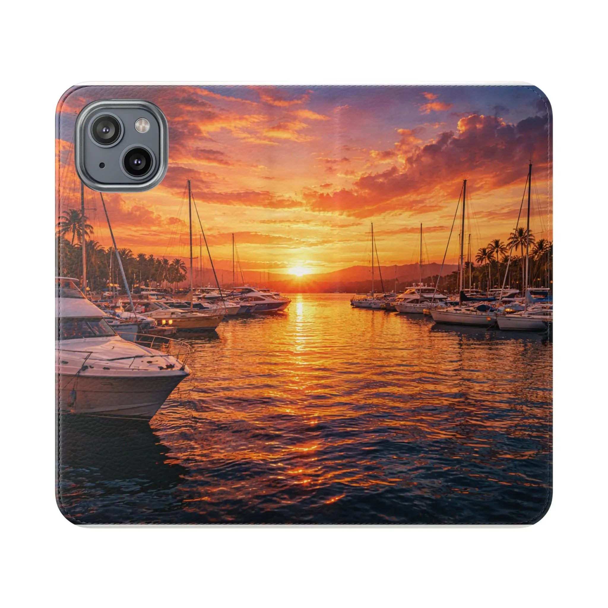 Sunset Marina Flip Phone Case — Tropical Harbor Phone Wallet Printify