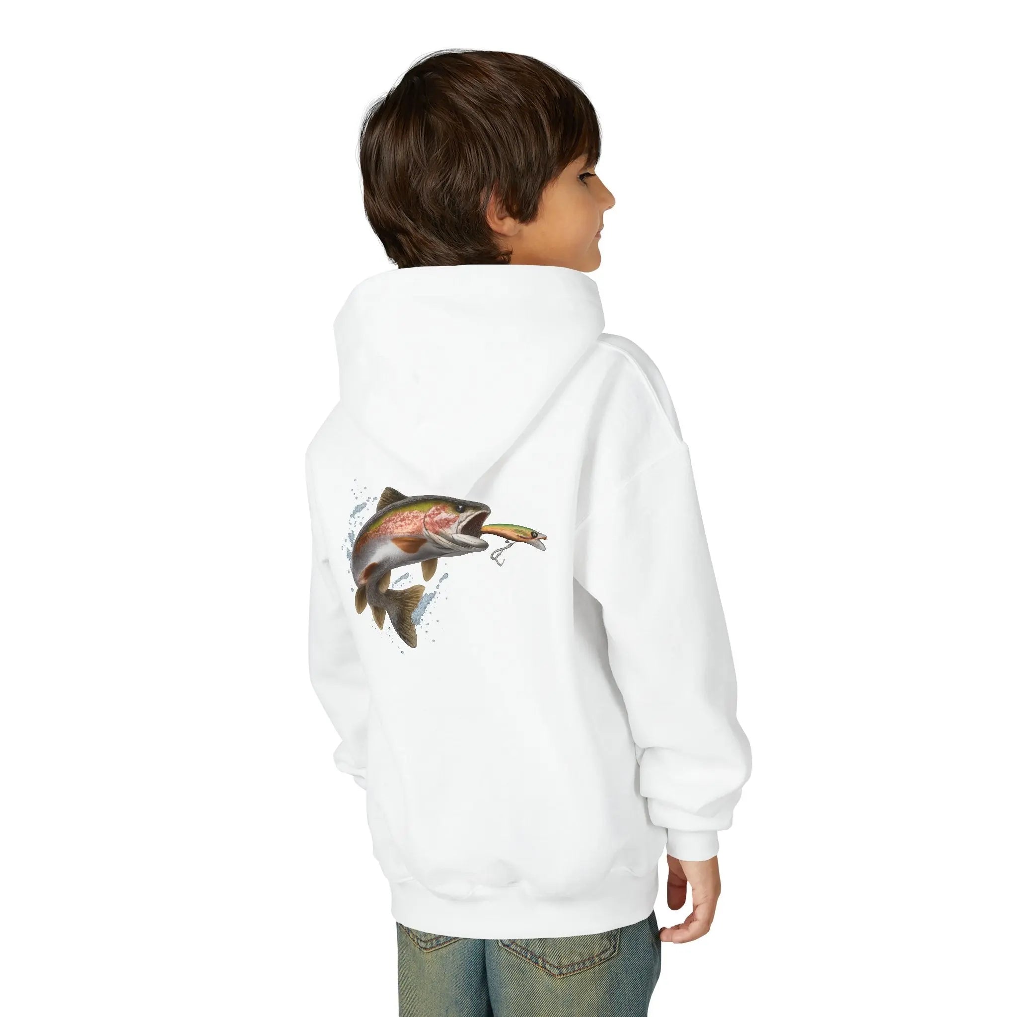 Youth Trout Fishing Hoodie – Rainbow Trout Catch Graphic Sweatshirt Printify