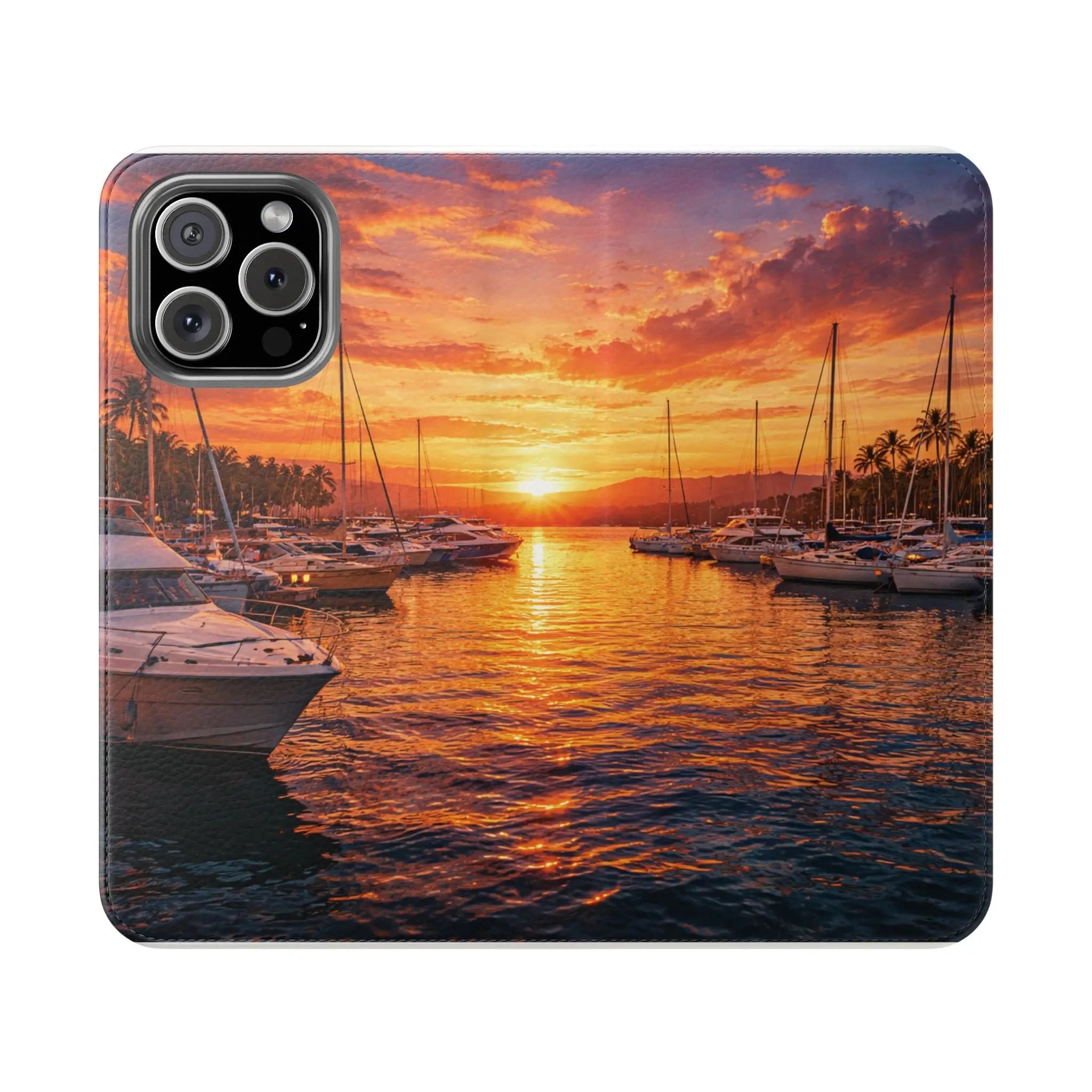 Sunset Marina Flip Phone Case — Tropical Harbor Phone Wallet Printify