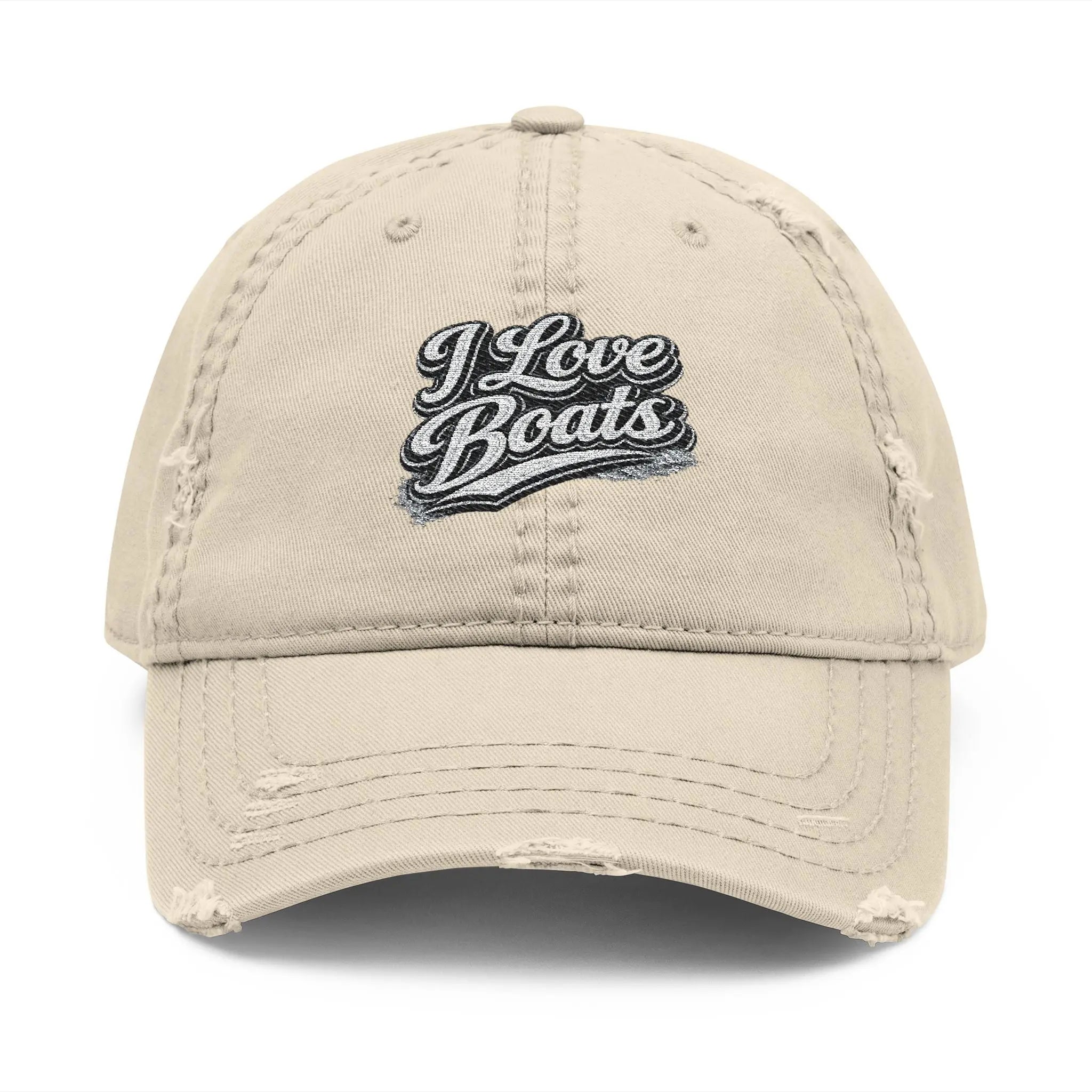 I Love Boats Distressed Embroidered Dad Hat — Vintage Casual Boating Cap Printify