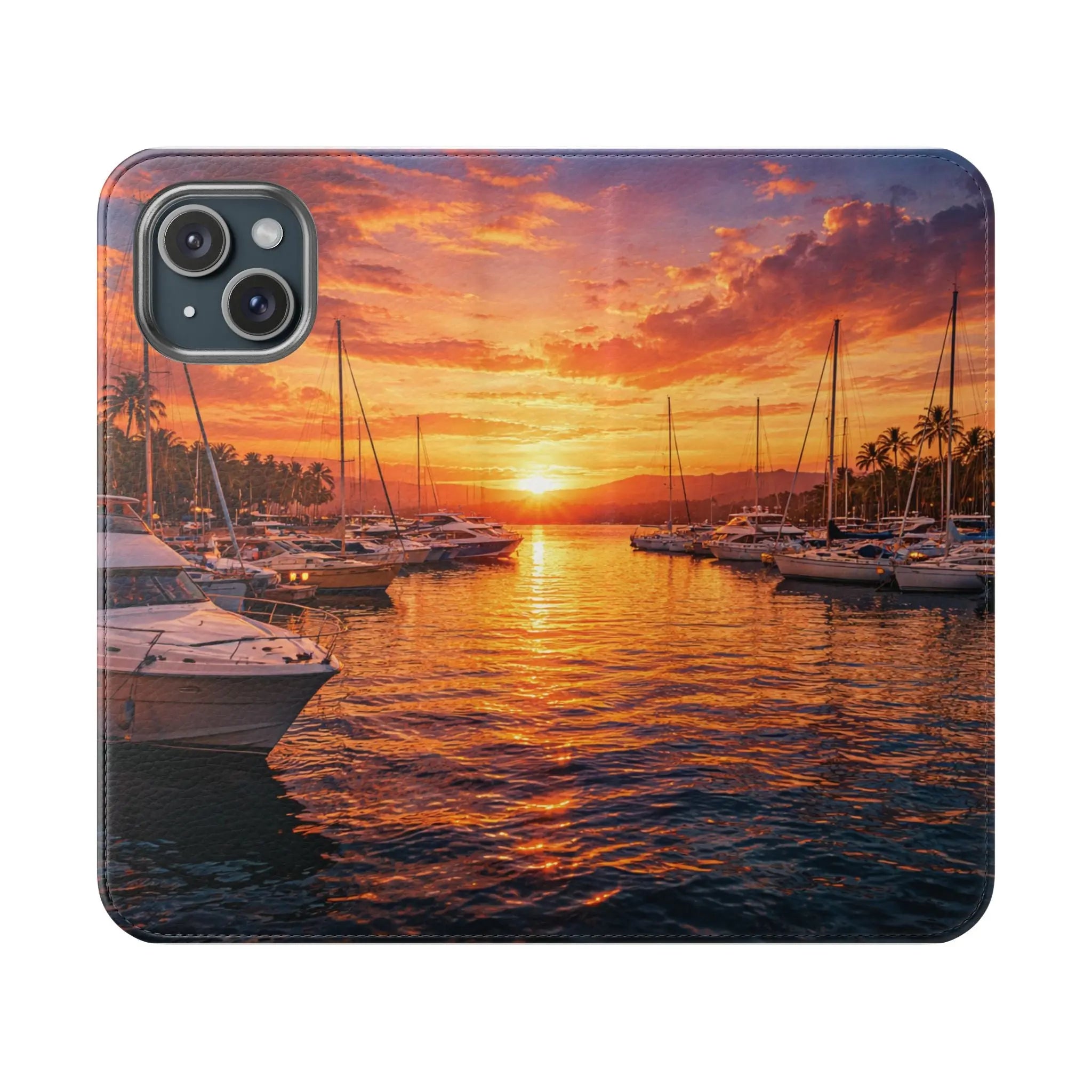 Sunset Marina Flip Phone Case — Tropical Harbor Phone Wallet Printify