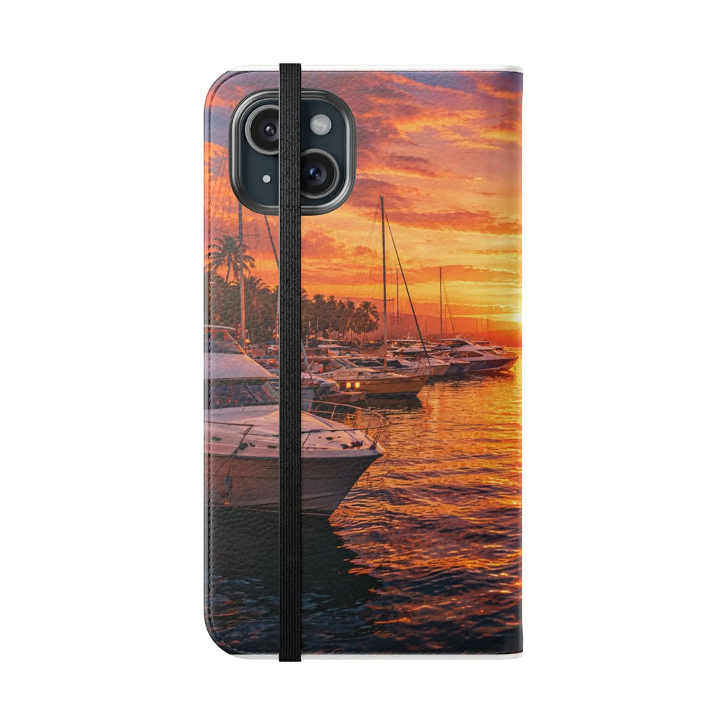 Sunset Marina Flip Phone Case — Tropical Harbor Phone Wallet Printify