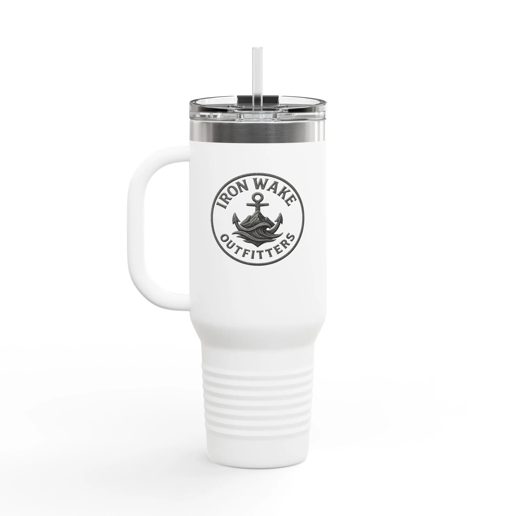 40oz Insulated Travel Mug — Iron Wake Outfitters Anchor Logo, Stainless Steel Tumbler with Straw & Handle Printify
