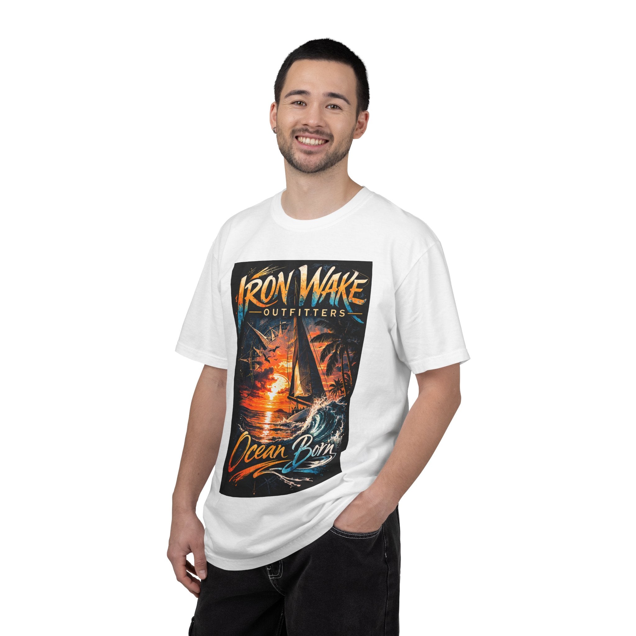 Ocean Born Graphic T-Shirt — "Iron Wake Outfitters" Sunset Sail Tee
