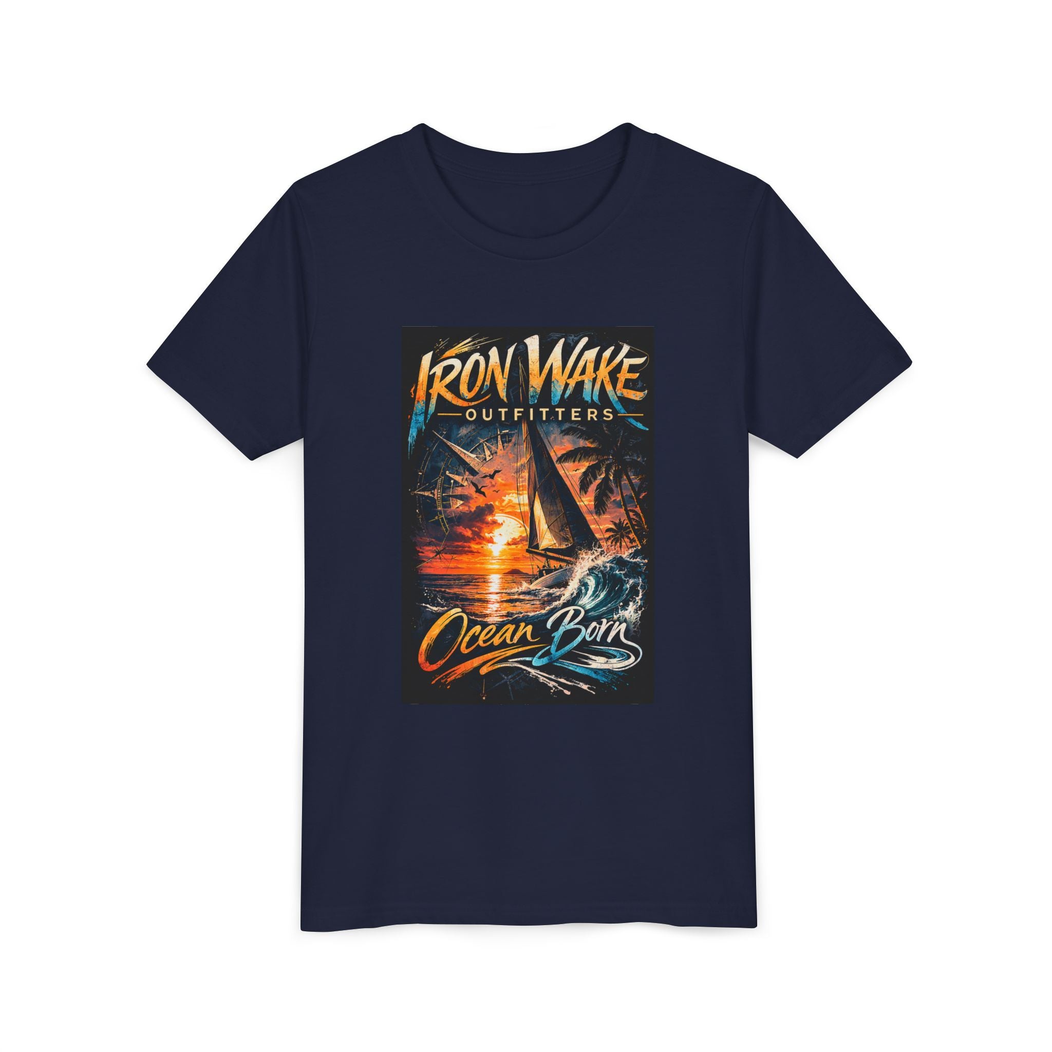 Ocean Born Youth T‑Shirt — Iron Wake Outfitters Sailboat Sunset Tee