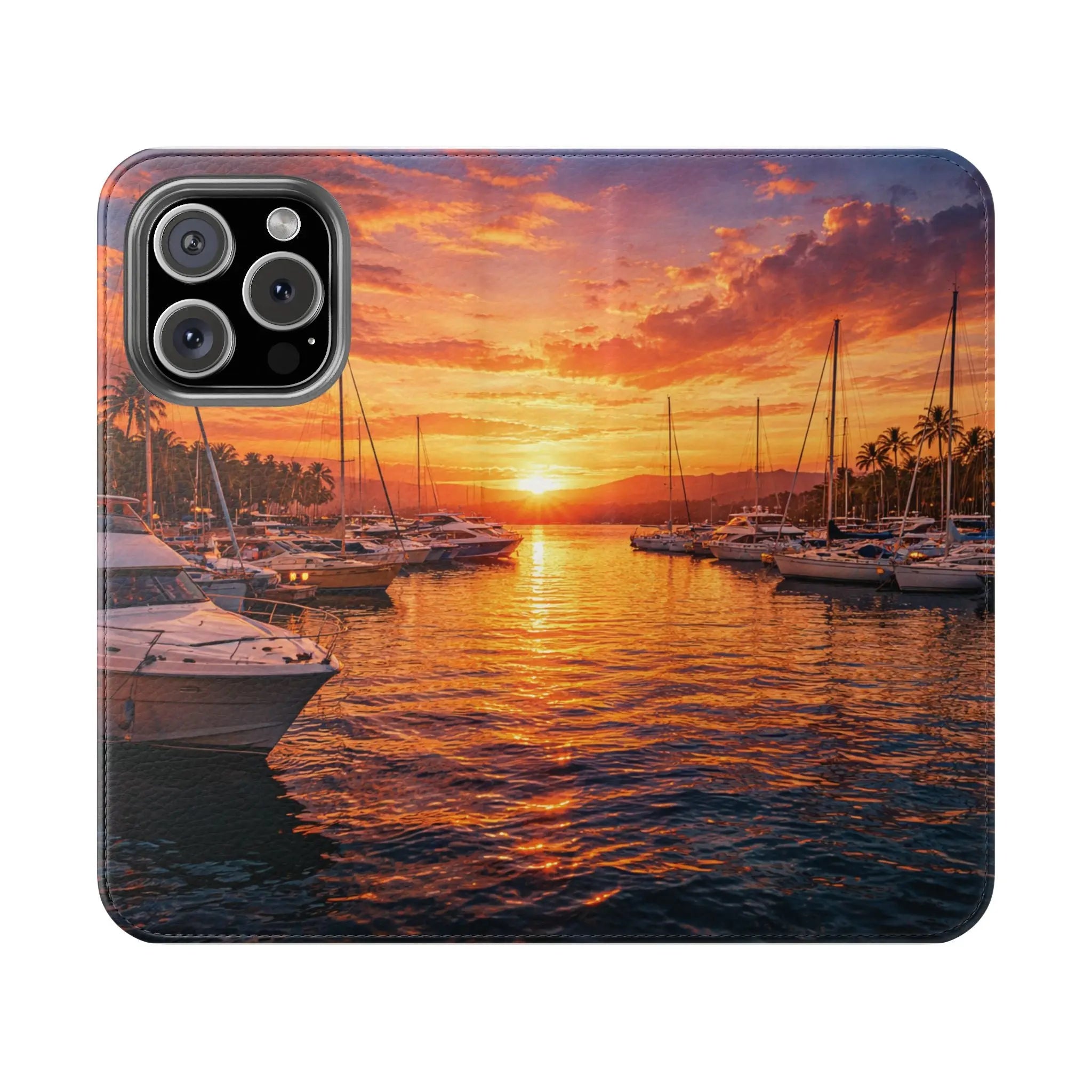 Sunset Marina Flip Phone Case — Tropical Harbor Phone Wallet Printify