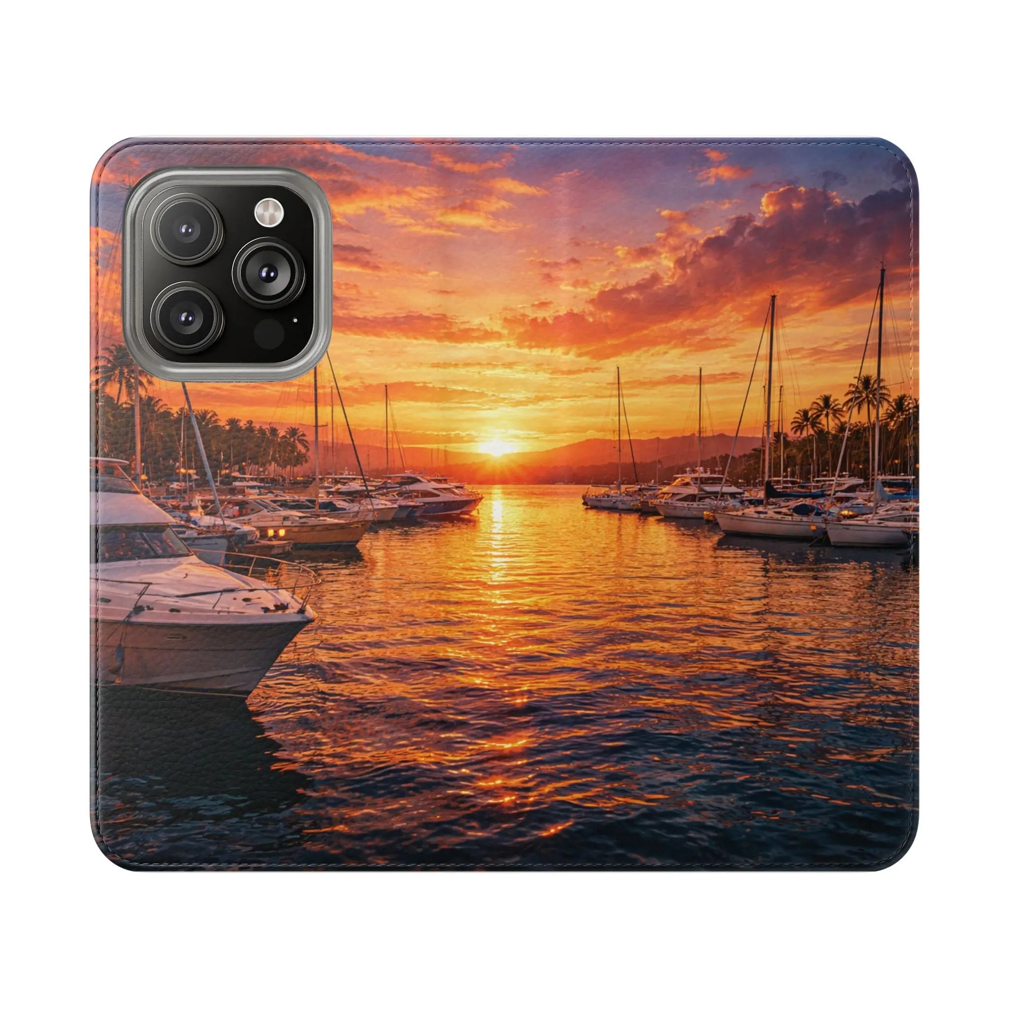 Sunset Marina Flip Phone Case — Tropical Harbor Phone Wallet Printify
