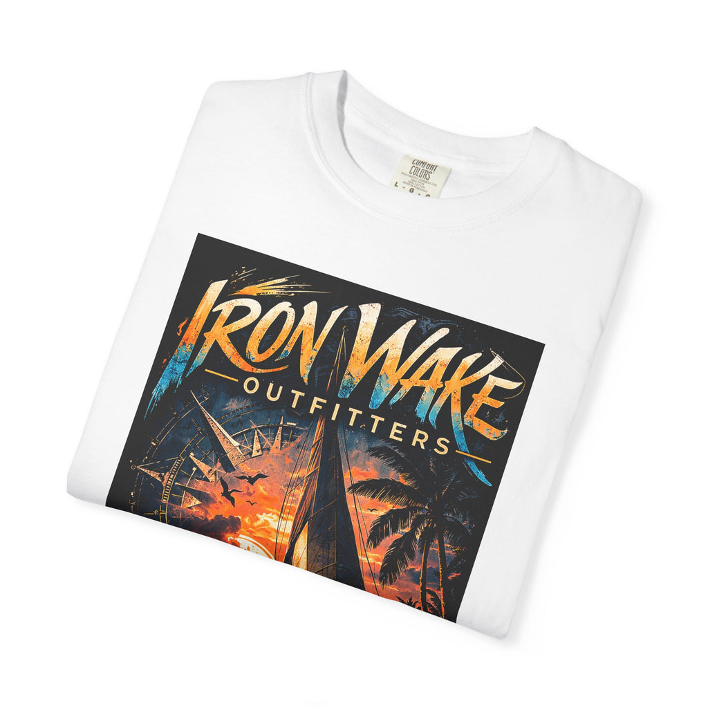 Ocean Born Graphic T-Shirt — "Iron Wake Outfitters" Sunset Sail Tee
