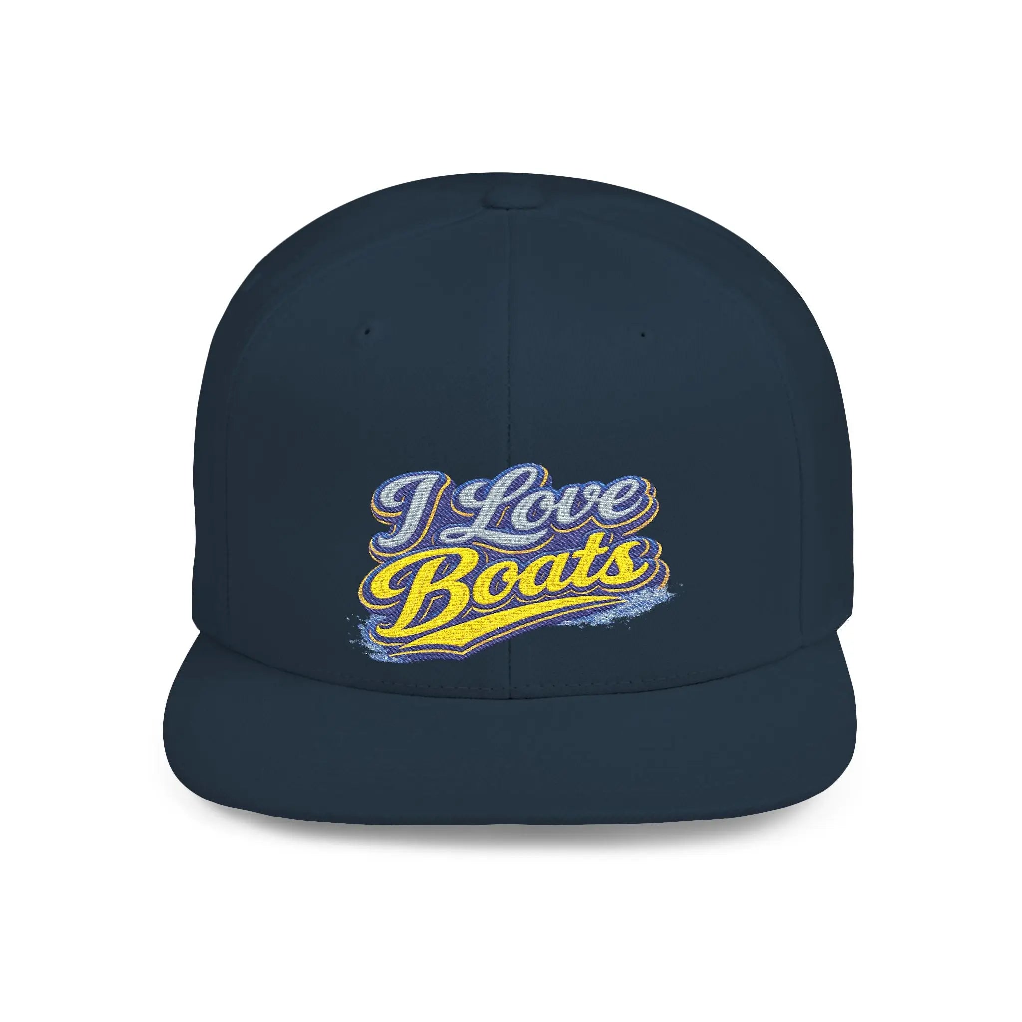 I Love Boats Flat Bill Snapback Hat - Embroidered Nautical Cap for Boaters & Lake Lovers Printify