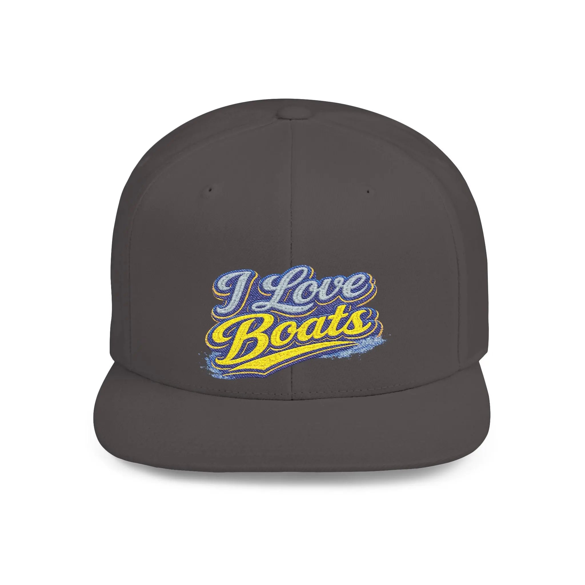 I Love Boats Flat Bill Snapback Hat - Embroidered Nautical Cap for Boaters & Lake Lovers Printify