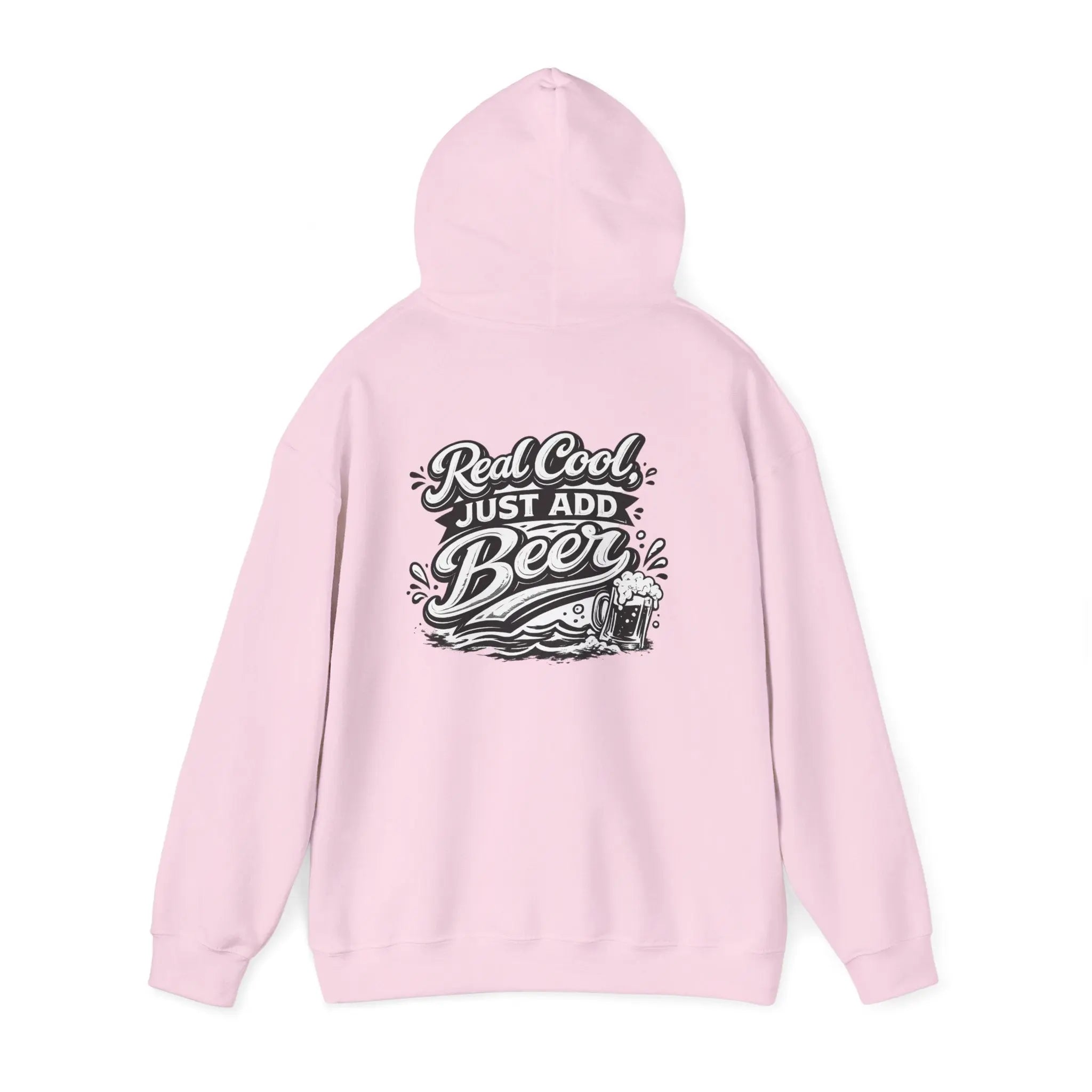 Hoodie — “Real Cool Just Add Beer” Graphic Pullover (Front Logo, Back Beer Design) Printify