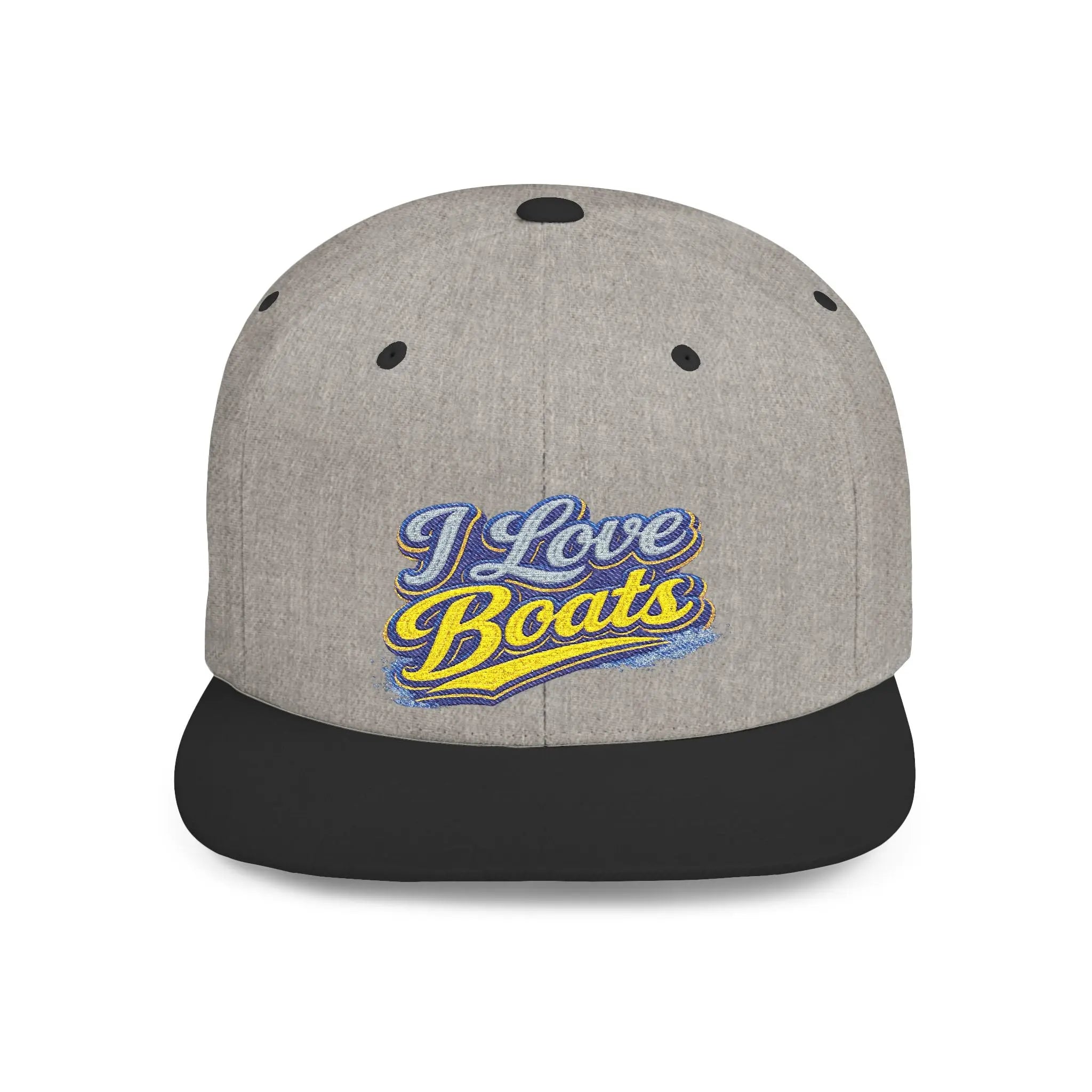 I Love Boats Flat Bill Snapback Hat - Embroidered Nautical Cap for Boaters & Lake Lovers Printify