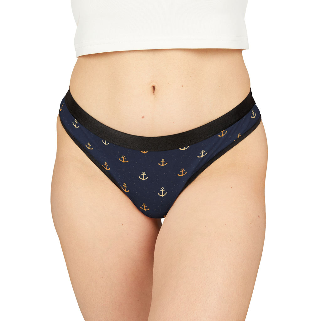 Navy Anchor Print Women's Thong – Nautical Cotton-Look Undergarment