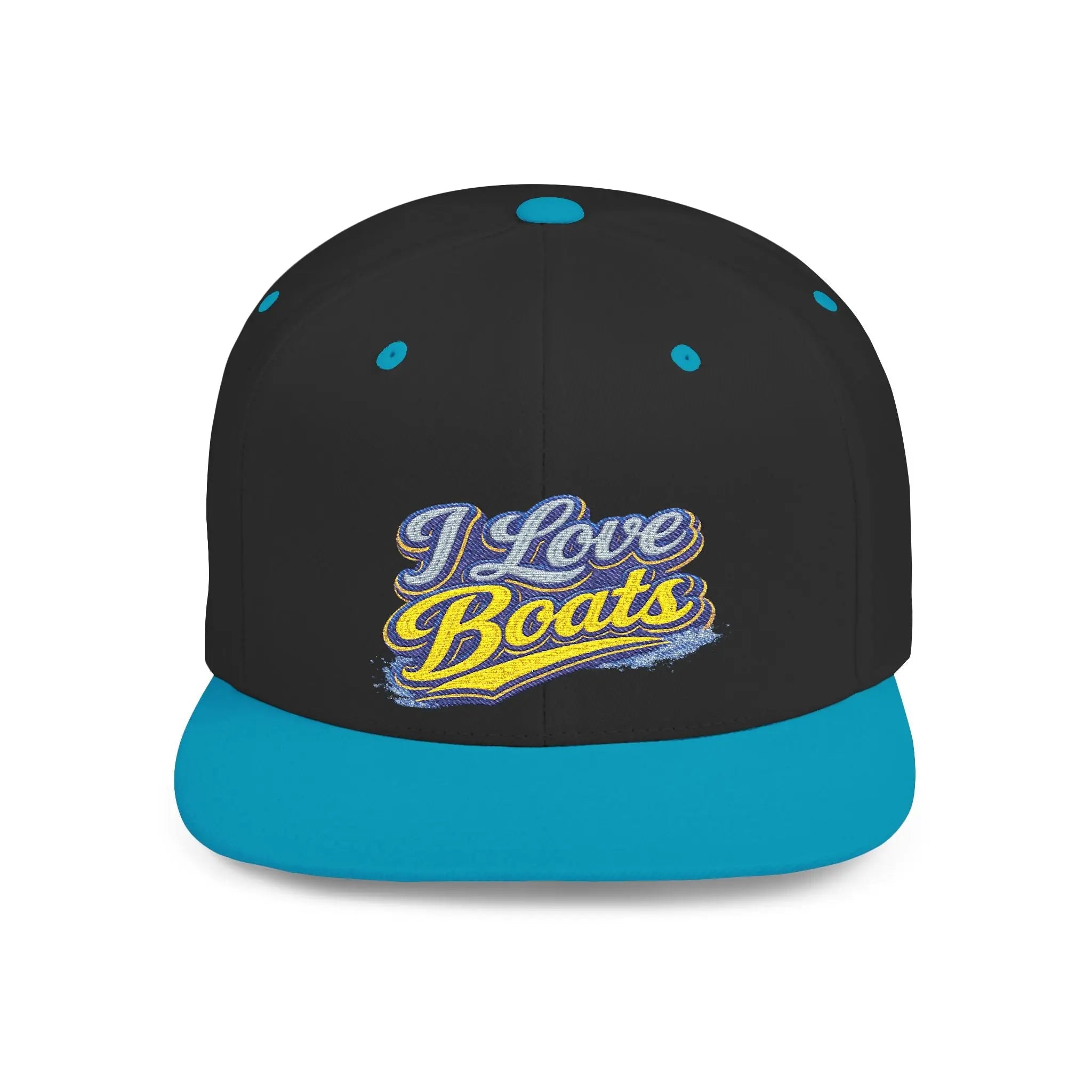 I Love Boats Flat Bill Snapback Hat - Embroidered Nautical Cap for Boaters & Lake Lovers Printify