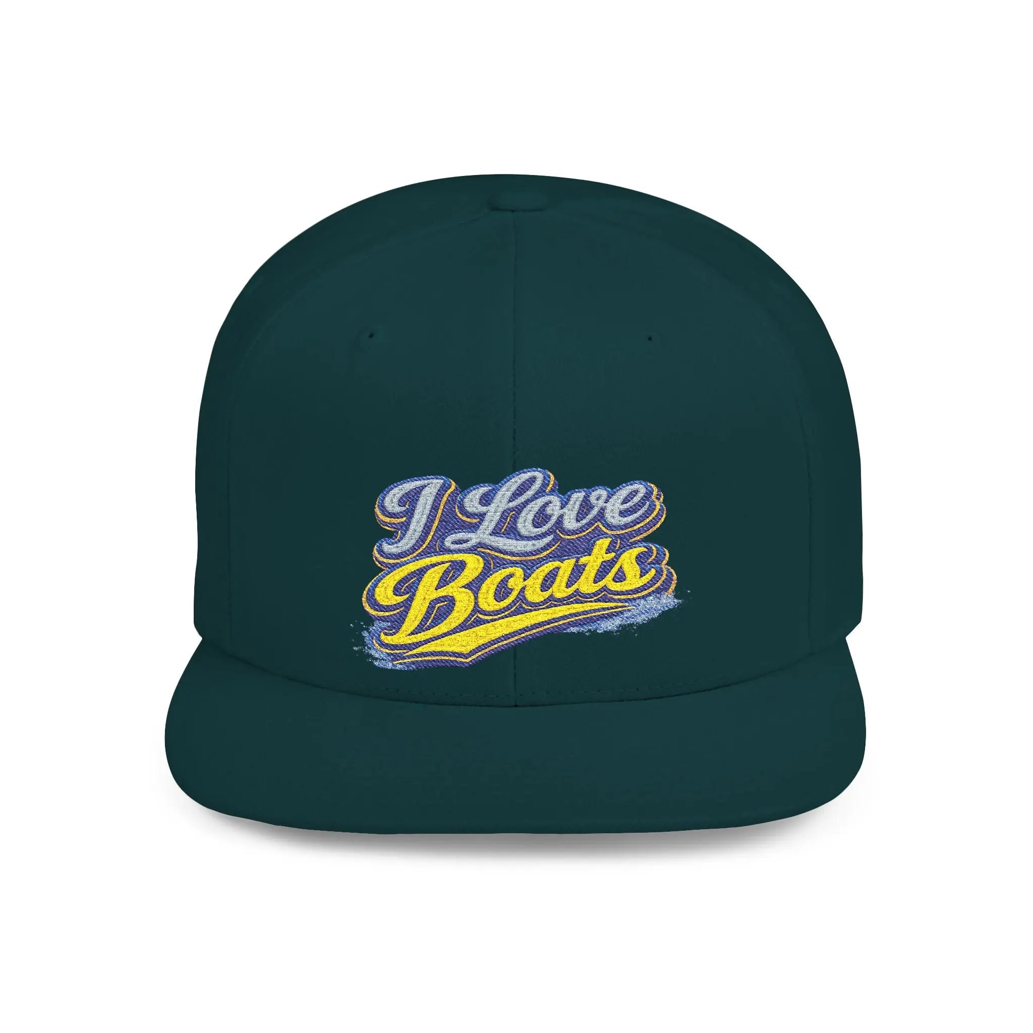 I Love Boats Flat Bill Snapback Hat - Embroidered Nautical Cap for Boaters & Lake Lovers Printify