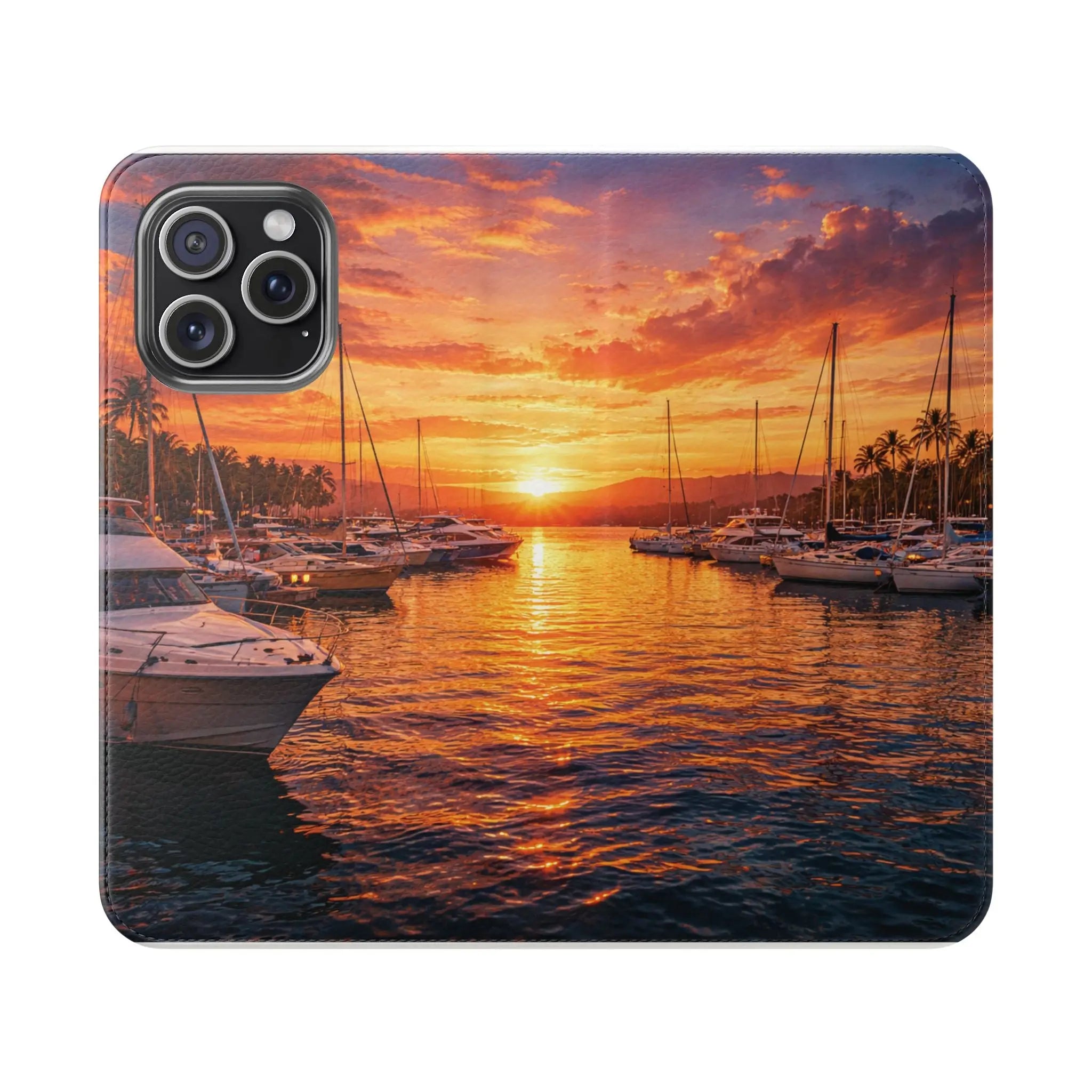 Sunset Marina Flip Phone Case — Tropical Harbor Phone Wallet Printify