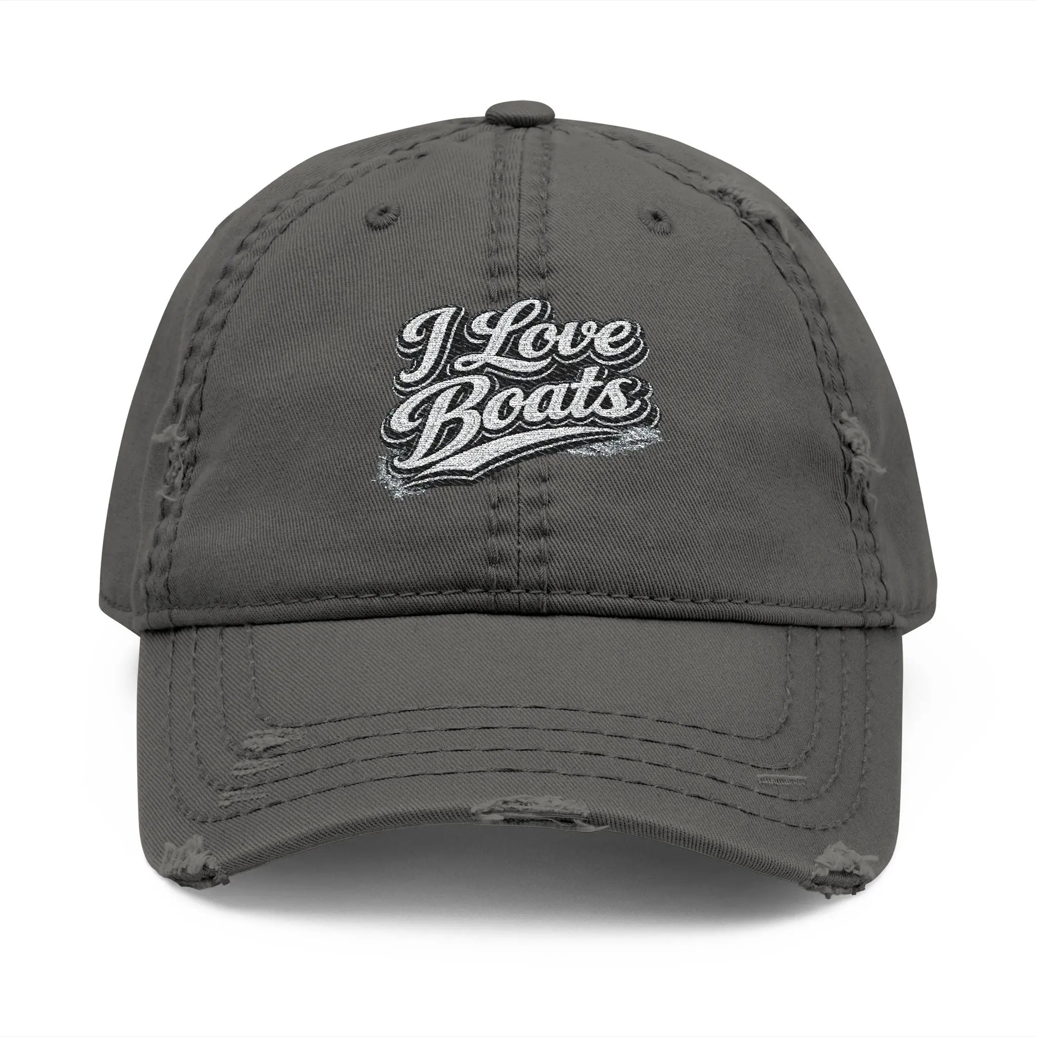 I Love Boats Distressed Embroidered Dad Hat — Vintage Casual Boating Cap Printify