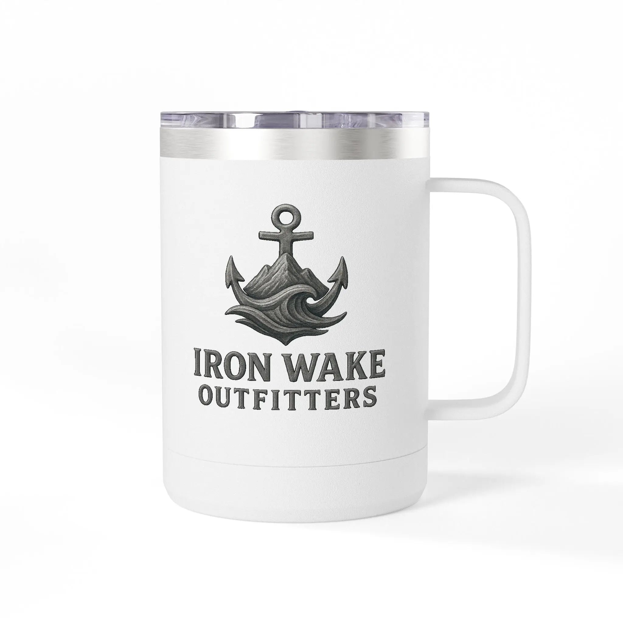 15oz Travel Mug Tumbler — "Iron Wake Outfitters" Anchor Coffee Tumbler Printify