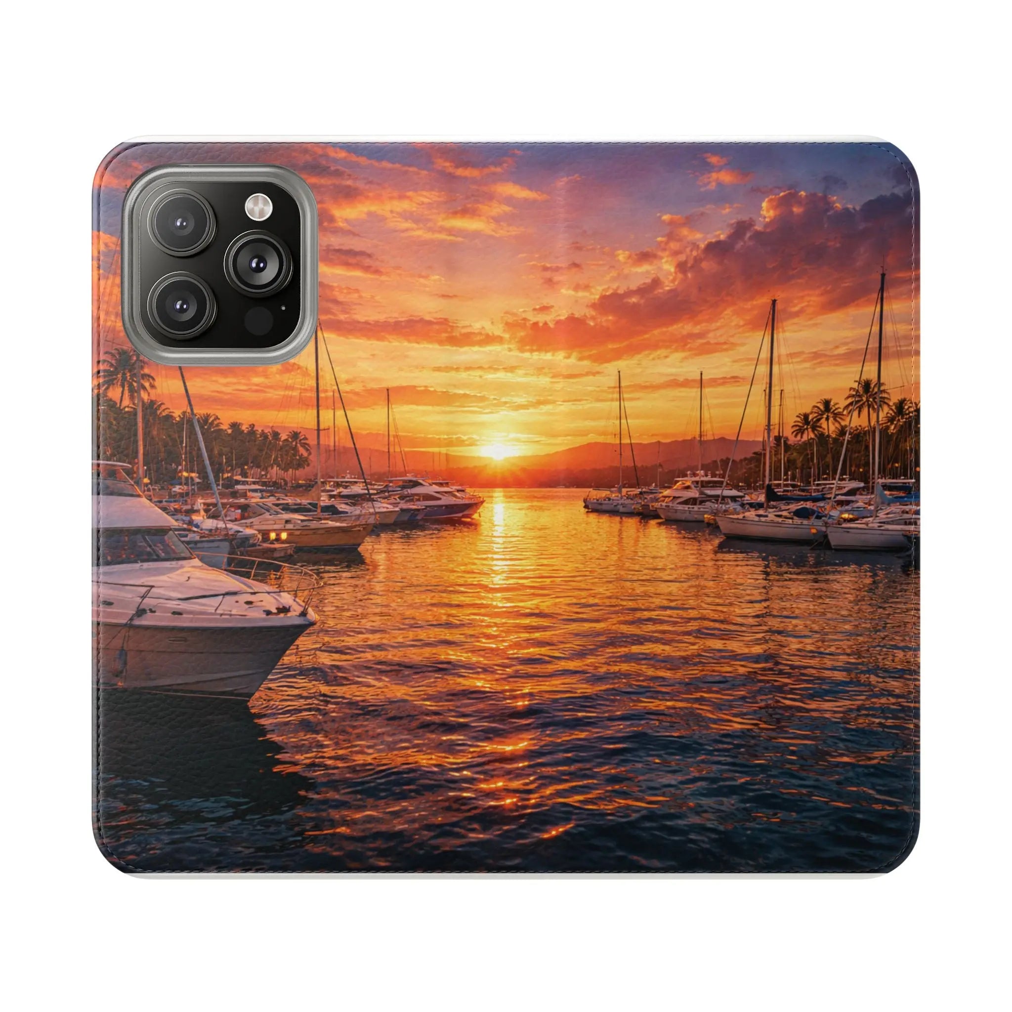 Sunset Marina Flip Phone Case — Tropical Harbor Phone Wallet Printify