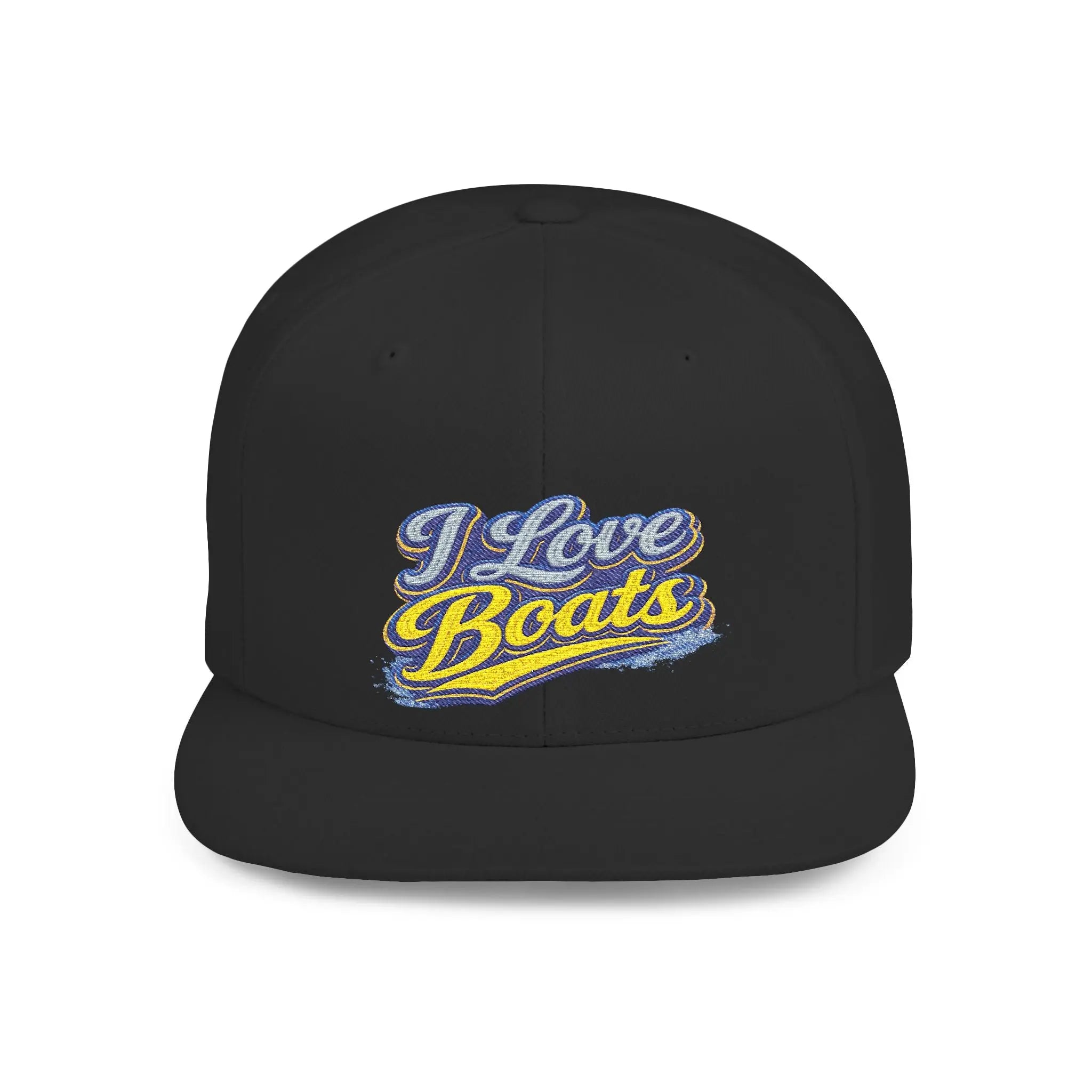 I Love Boats Flat Bill Snapback Hat - Embroidered Nautical Cap for Boaters & Lake Lovers Printify