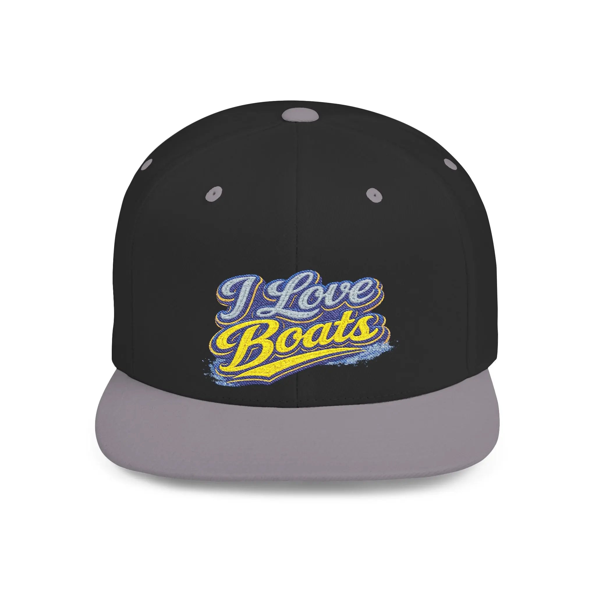 I Love Boats Flat Bill Snapback Hat - Embroidered Nautical Cap for Boaters & Lake Lovers Printify