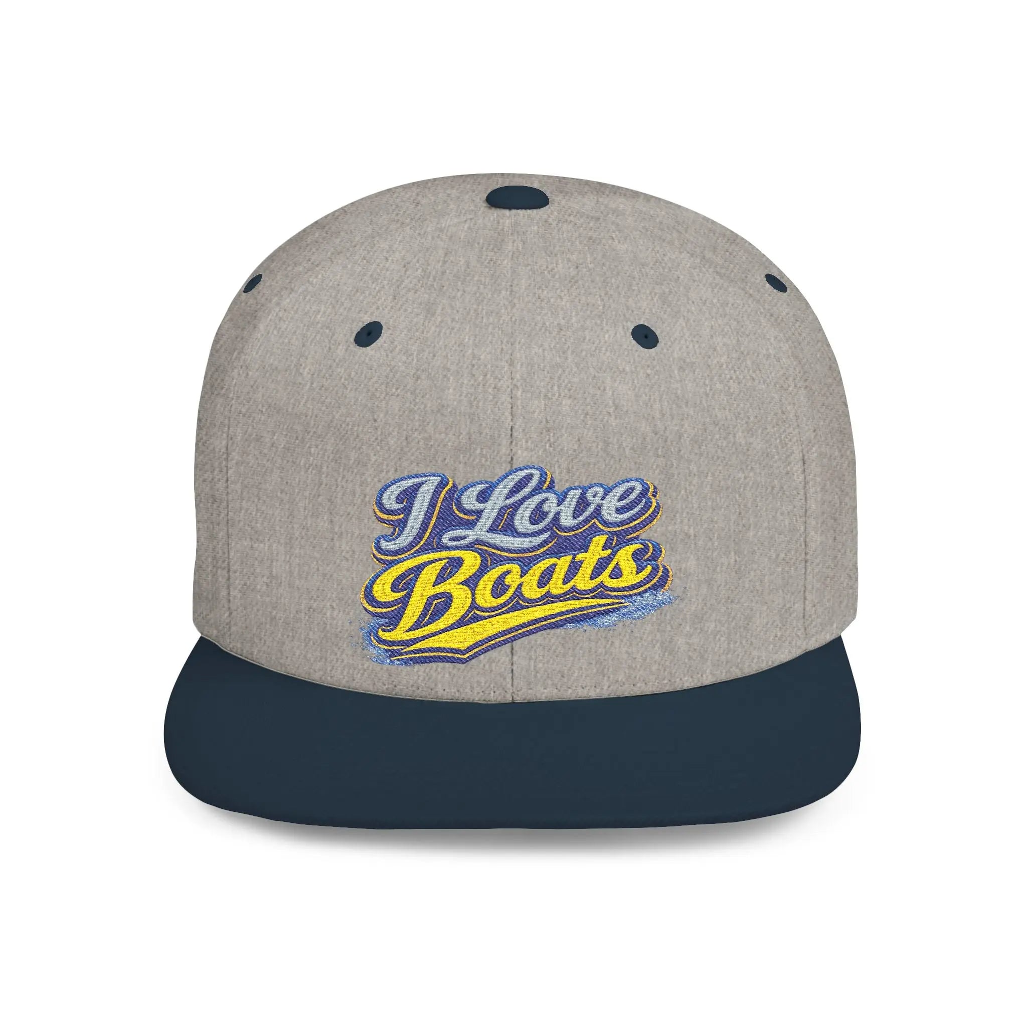 I Love Boats Flat Bill Snapback Hat - Embroidered Nautical Cap for Boaters & Lake Lovers Printify