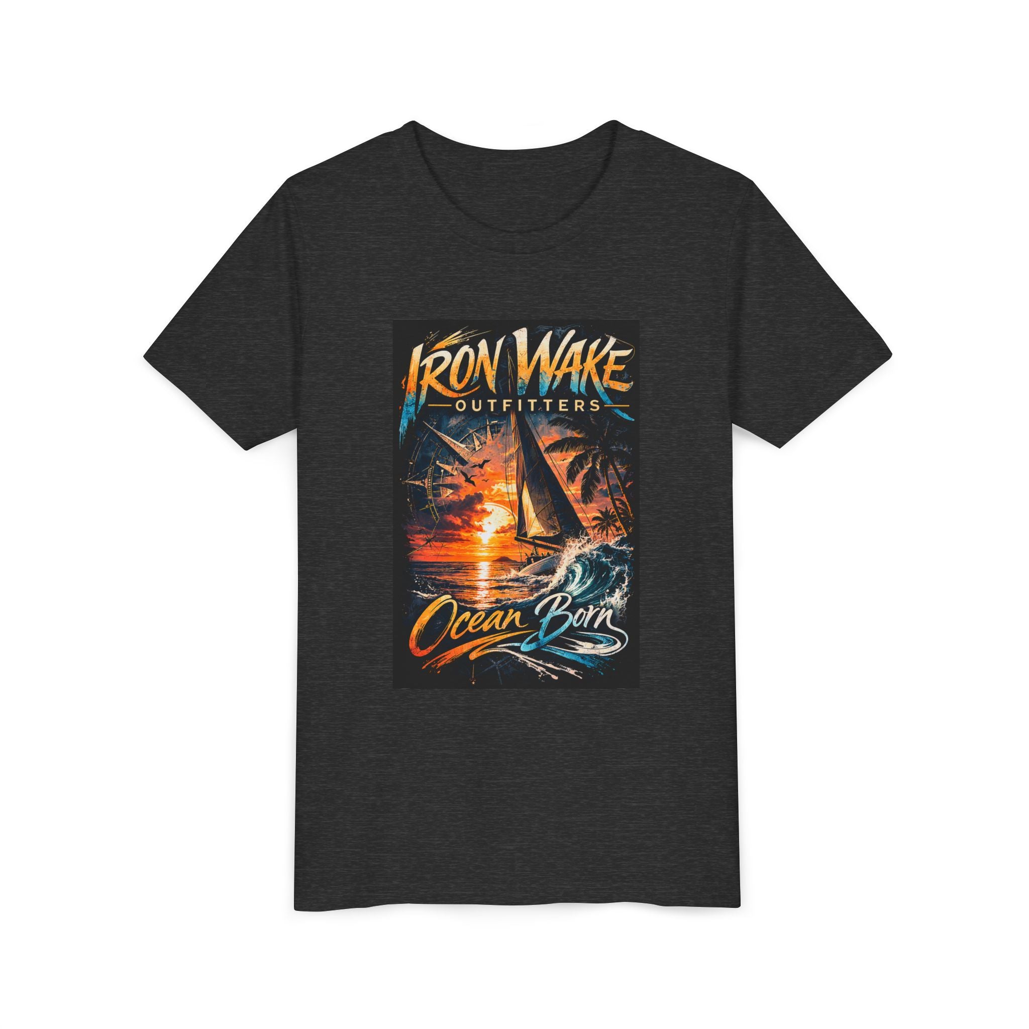 Ocean Born Youth T‑Shirt — Iron Wake Outfitters Sailboat Sunset Tee